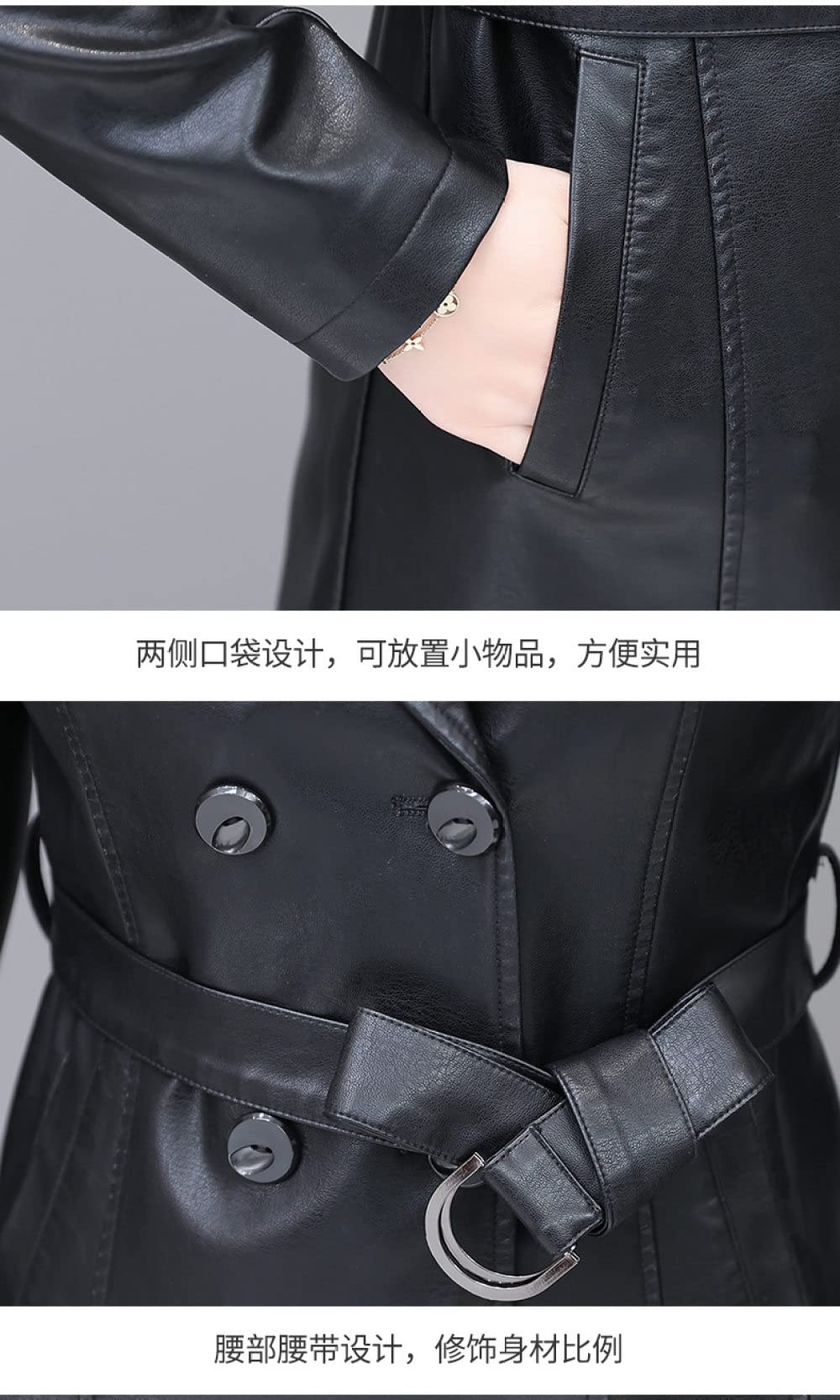 Chaqueta Mujer Primavera,Gabardina De Piel Sintética Para Mujer, Chaqueta Negra Con Solapa De Longitud Media, Cinturón De Doble Botón, Elegante, De Manga Larga, Ajustada, Para Motociclista, Abrig