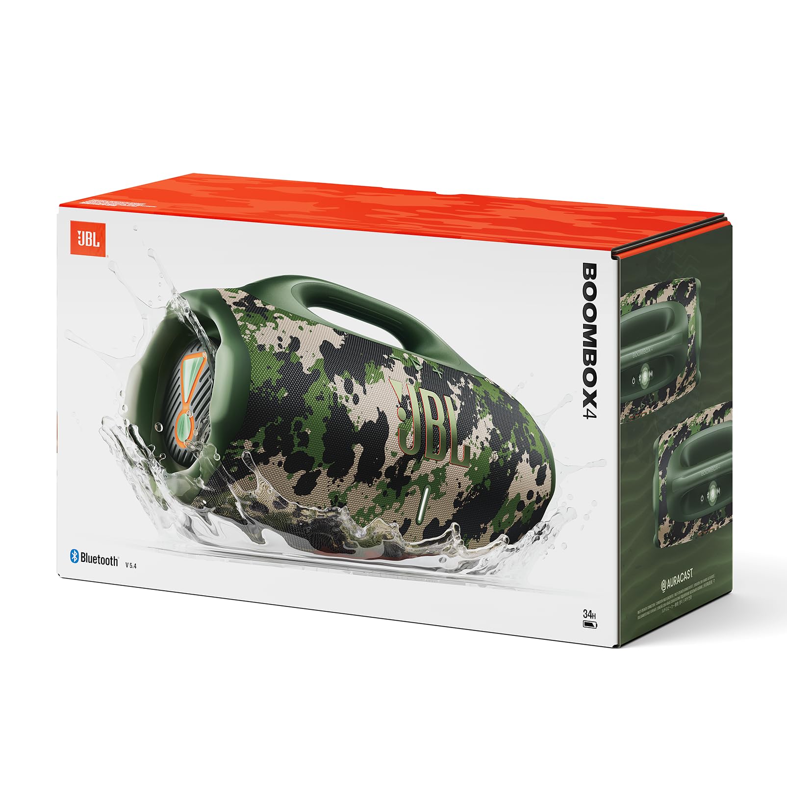 JBL Boombox 4 Tragbarer Bluetooth Lautsprecher, JBL Pro Sound mit AI Sound Boost, IP68 Wasser- und Staubdicht, Bis zu 34h Wiedergabe, Auracast Multi-Speaker, 2 Bass-Boost-Modi, Camouflage