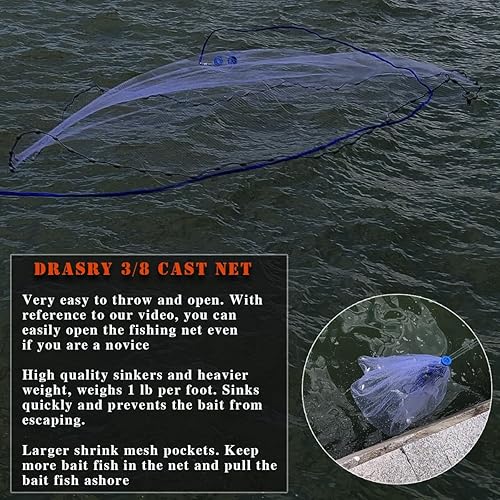 Miniatura 5 de Drasry Red de Lanzamiento para Pesca de Agua Salada con Malla de 3/8 y 1/4 con Plomada Gris de Servicio Pesado Monofilamento Americano Red