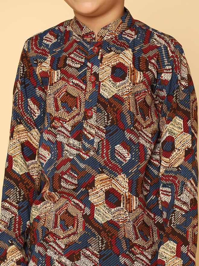 Kisah Kid's Cotton Full Sleeves Regular Fit Knee Length Abstract Maroon Kurta (3-4Y)