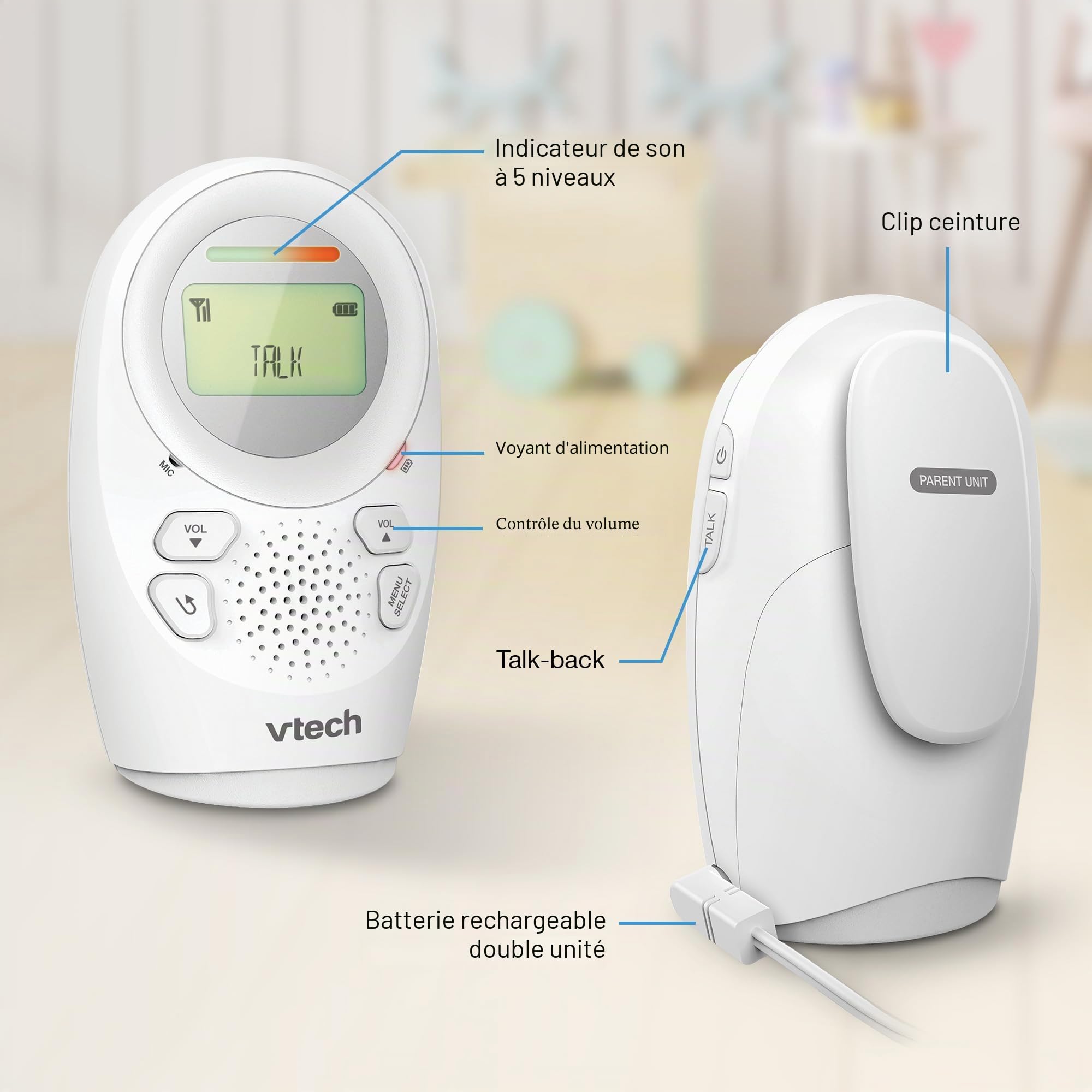 VTech DM1211 Moniteur Audio pour bébé, Longue portée, Moniteur bébé avec Conversation bidirectionnelle, Affichage du Niveau de Bruit, capteur de température, Sons apaisants, Clip Ceinture pour unité