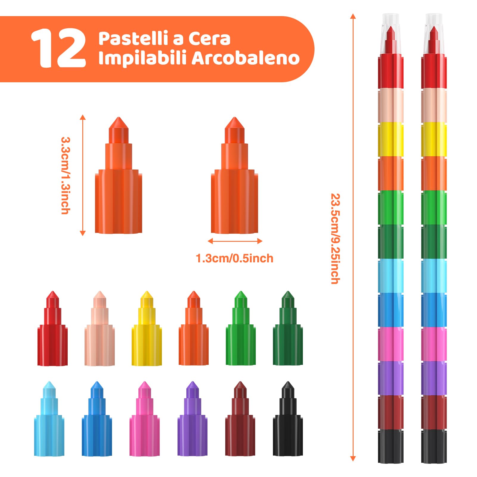 12 Pastelli per Bambini Impilabili fai-da-te,Pastelli a Cera Impilabili Arcobaleno,Matite Colorate impilabili,Set di Pastelli Colorati per Cancelleria creativa,Regalo festa