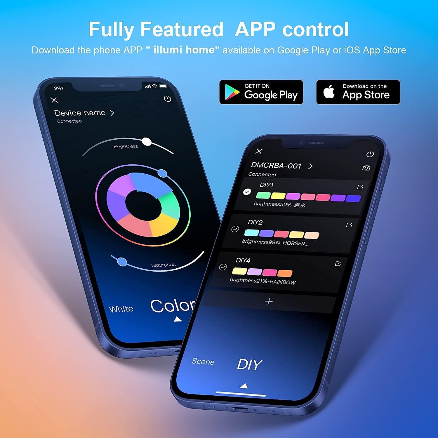 Image showing two smartphones displaying the 'illumi home' app interface for controlling LED strip lights, with options for brightness, color wheel, and custom scenes.