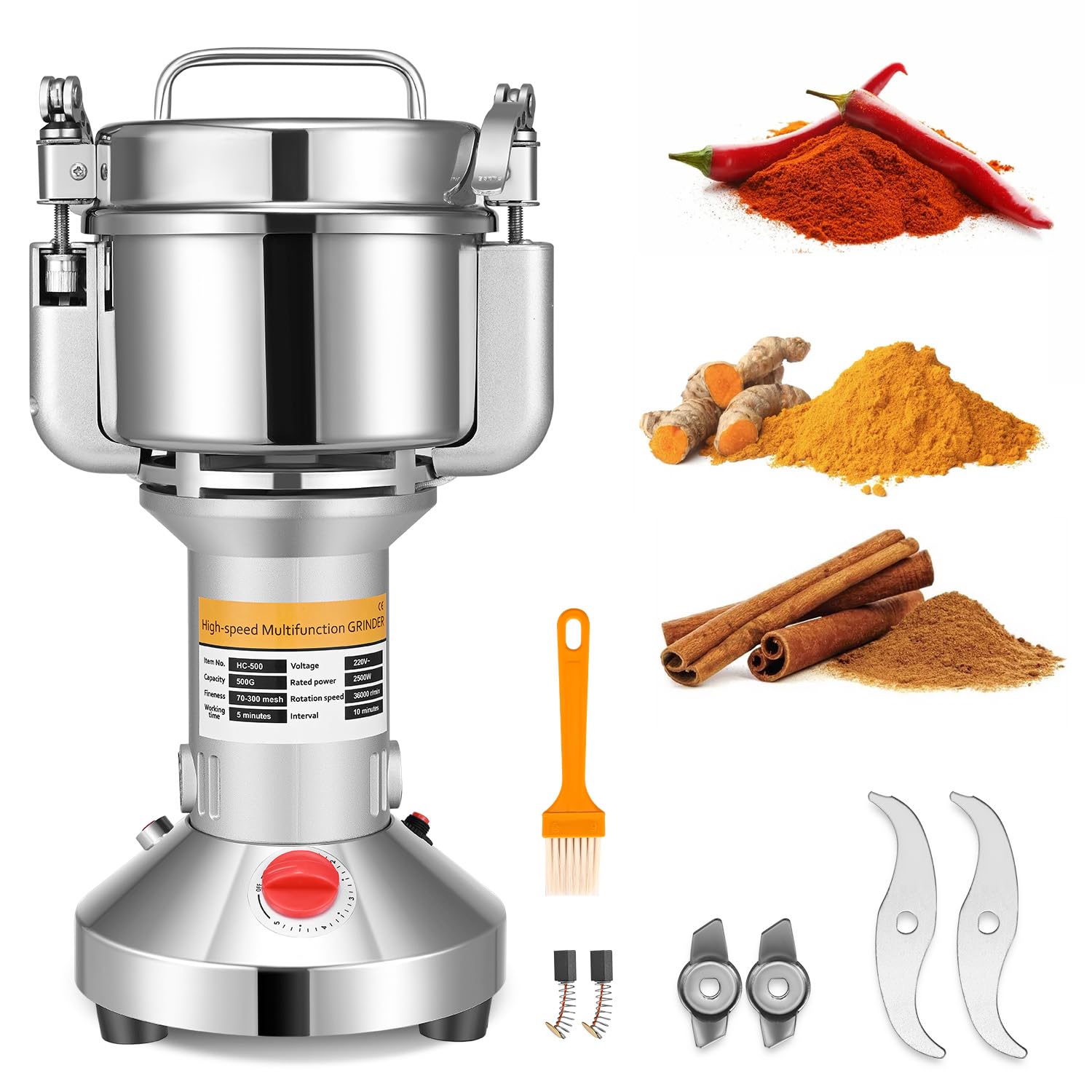 Molino de Maiz Eléctrico, Couleeur Acero Inoxidable Molienda Hierba Amoladora Molino de Harina en Polvo con Protección Sobrecarga y Función Tope Tapa Abierta para Cereal Hierba Especia Nuez (500g)