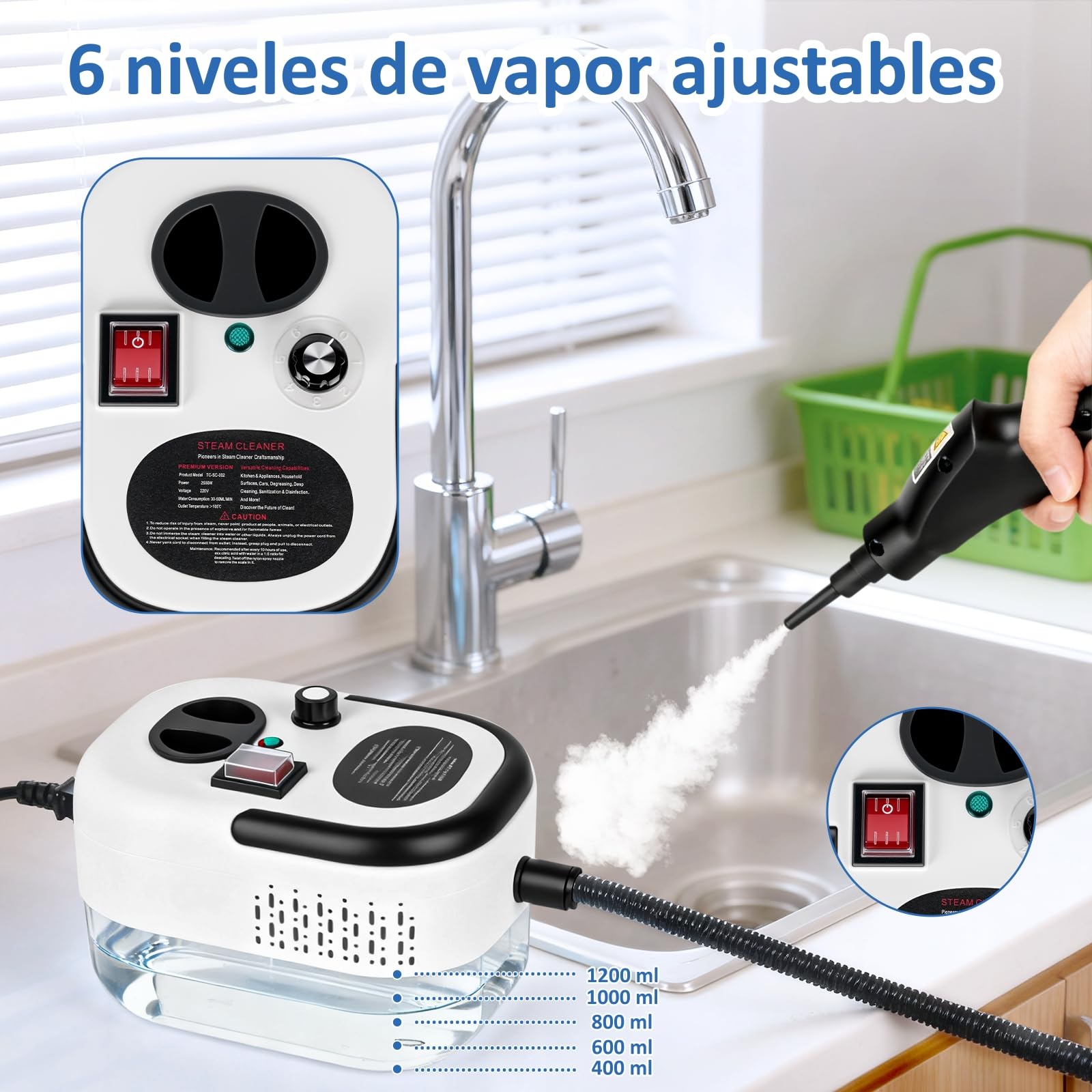 Limpiador de Vapor Portátil 2500W 3.5Bar - Depósito 1200ml | 6 Niveles Ajustables, Calentamiento 15s, Temperatura 105°C - Elimina Grasa, Bacterias y Suciedad Profunda
