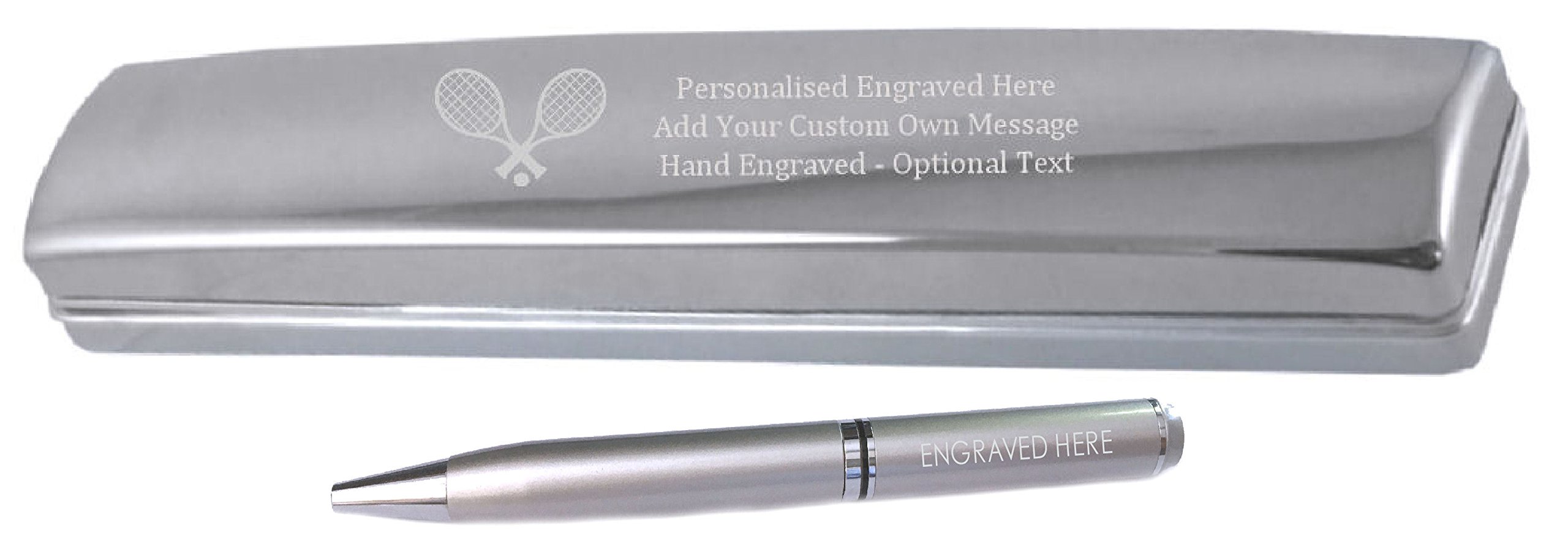 Caja de mensajes personalizable para bolígrafo de satén, color plateado y cromado, con grabado de raqueta de tenis deportiva