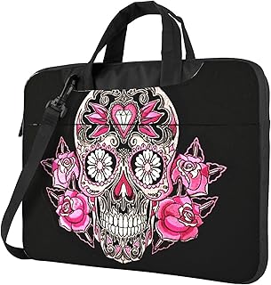 [Rtjbsdt] ノートパソコン保護ケース、軽量で持ち運びに便利、内ポケット、持ち運びハンドル、ショルダーストラップ付き、ユニセックス。(Skulldiablo シュガースカル ピンク ブラック2)