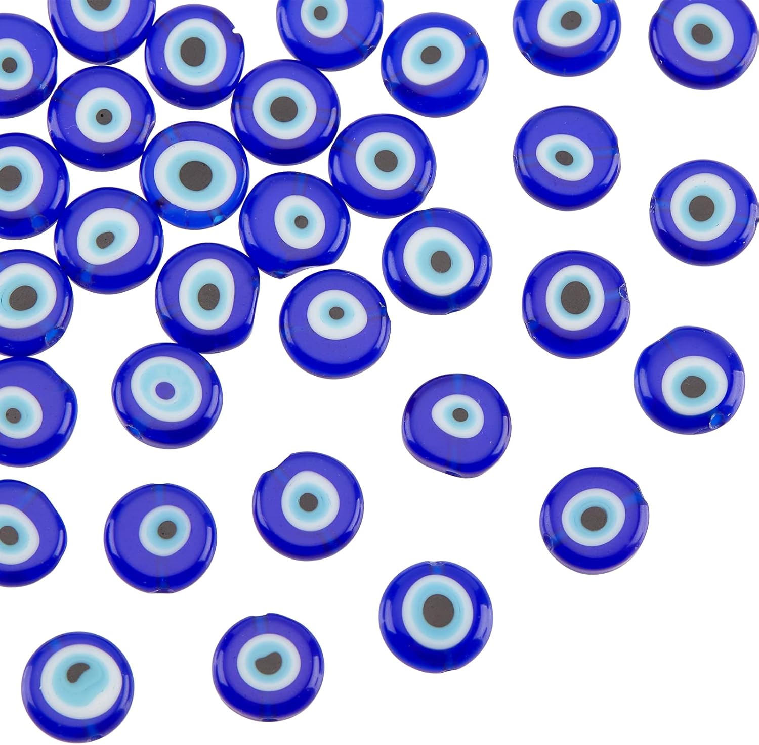 NBEADS 1 Strand (About 71pcs) 6mm Light Sky Blue Flat Round Evil Eye Handmade Glass Lampwork Beads Charms Spacer Beads for Bracelets Necklace Jewelry Making