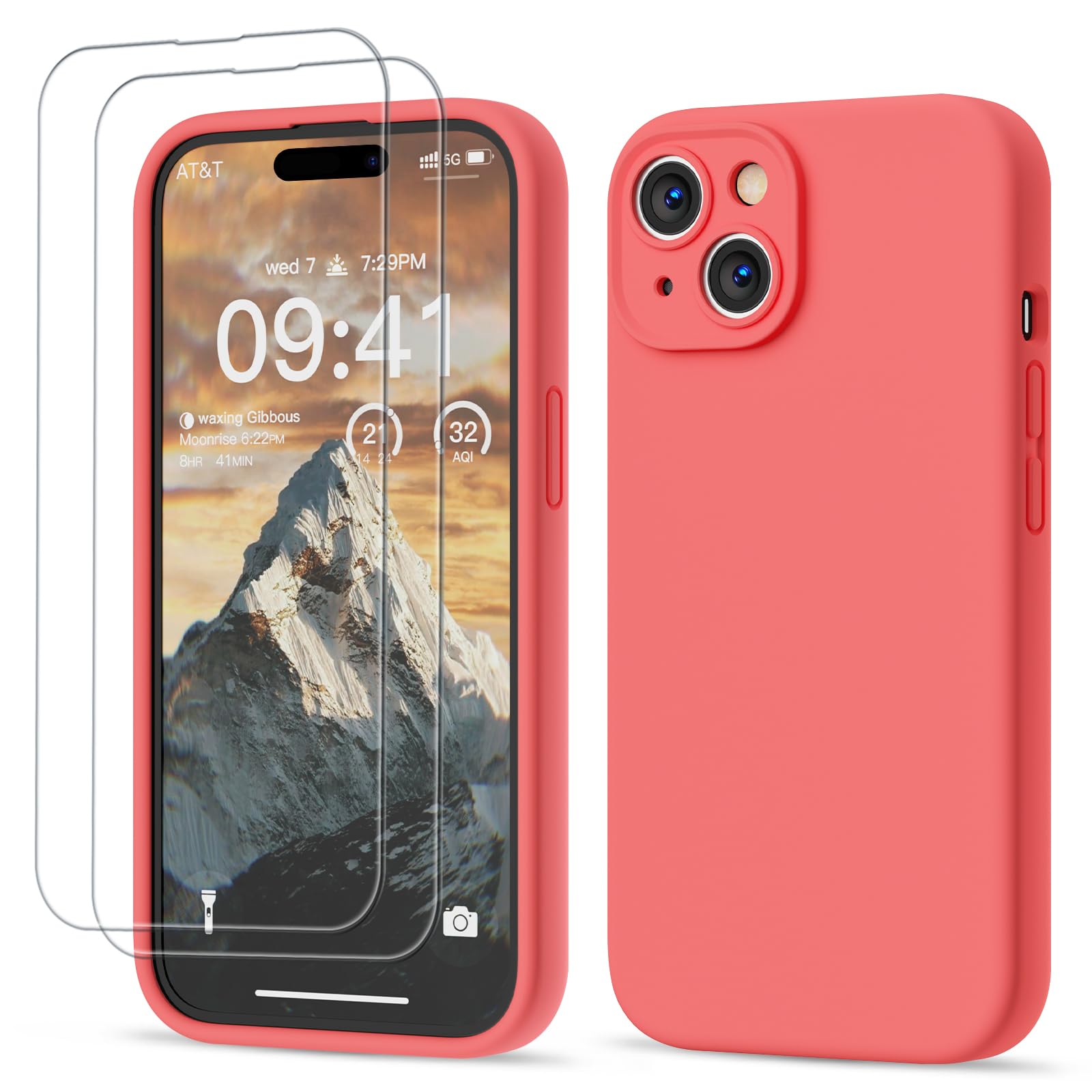 GOODVISH 3 in 1 Silicone Cover per iPhone 15 6.1" (2023), Custodia con 2 Pellicola Protettiva, Case per Cellulare Ultra Sottile Antiurto Resistente [Protezione Fotocamera], Pomelo Rosso