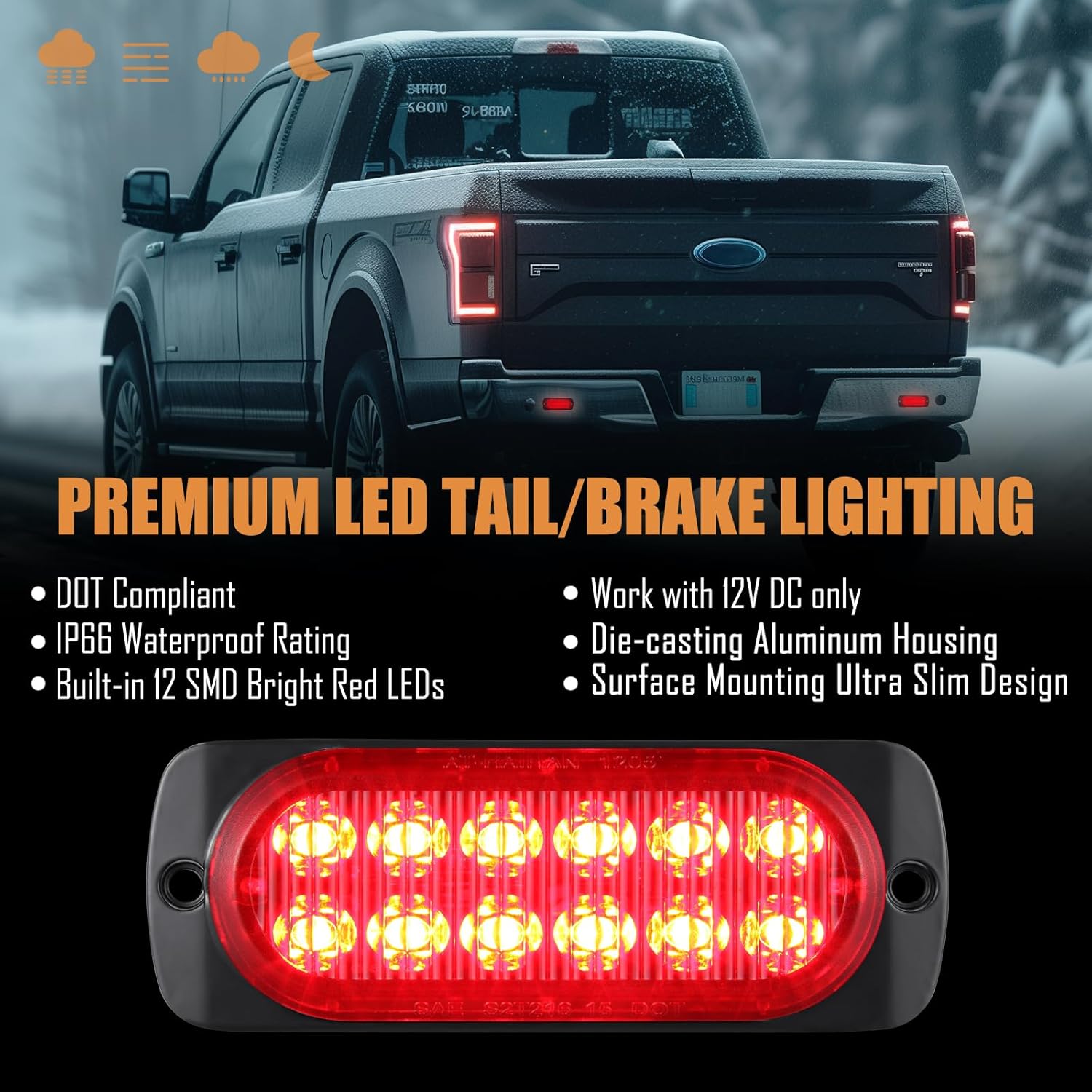 AT-HAIHAN Aluminum Housing Red LED Trailer Stop Brake Turn Tail Lights, DOT Compliant Waterproof Surface Mount Lighting for Truck Tractor Jeep RV