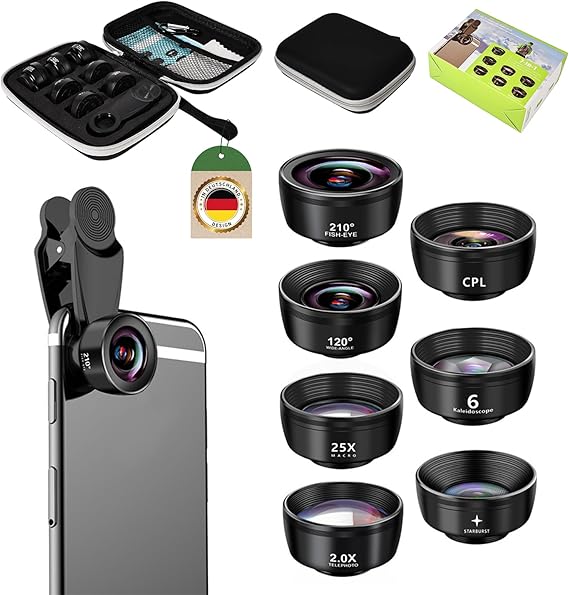 10 In 1 Handy Kamera Objektiv Set - 210° Fischauge, 120° Weitwinkel, 25x Makro | Inkl. Reinigungsstift Für Smartphones