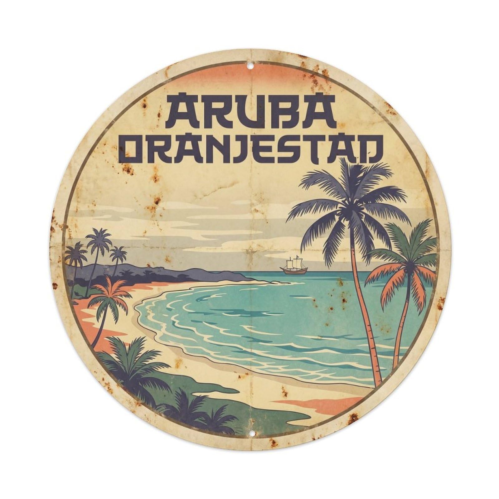 Olhnbad 08X08inch Style Aruba Oranjestad Seaside Scenery Ink Illustration Metal Tin Sign