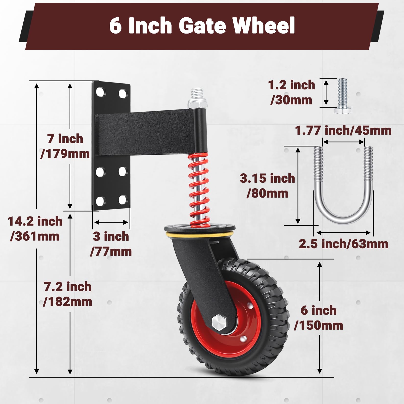 150mm Rueda para Portón Pesada con Muelle y Engrasador, 200kg Capacidad, Rueda de Goma Negra Perfilada para Terreno Irregular, CéSped y Grava, Ruedas para Puertas de Madera y Metal