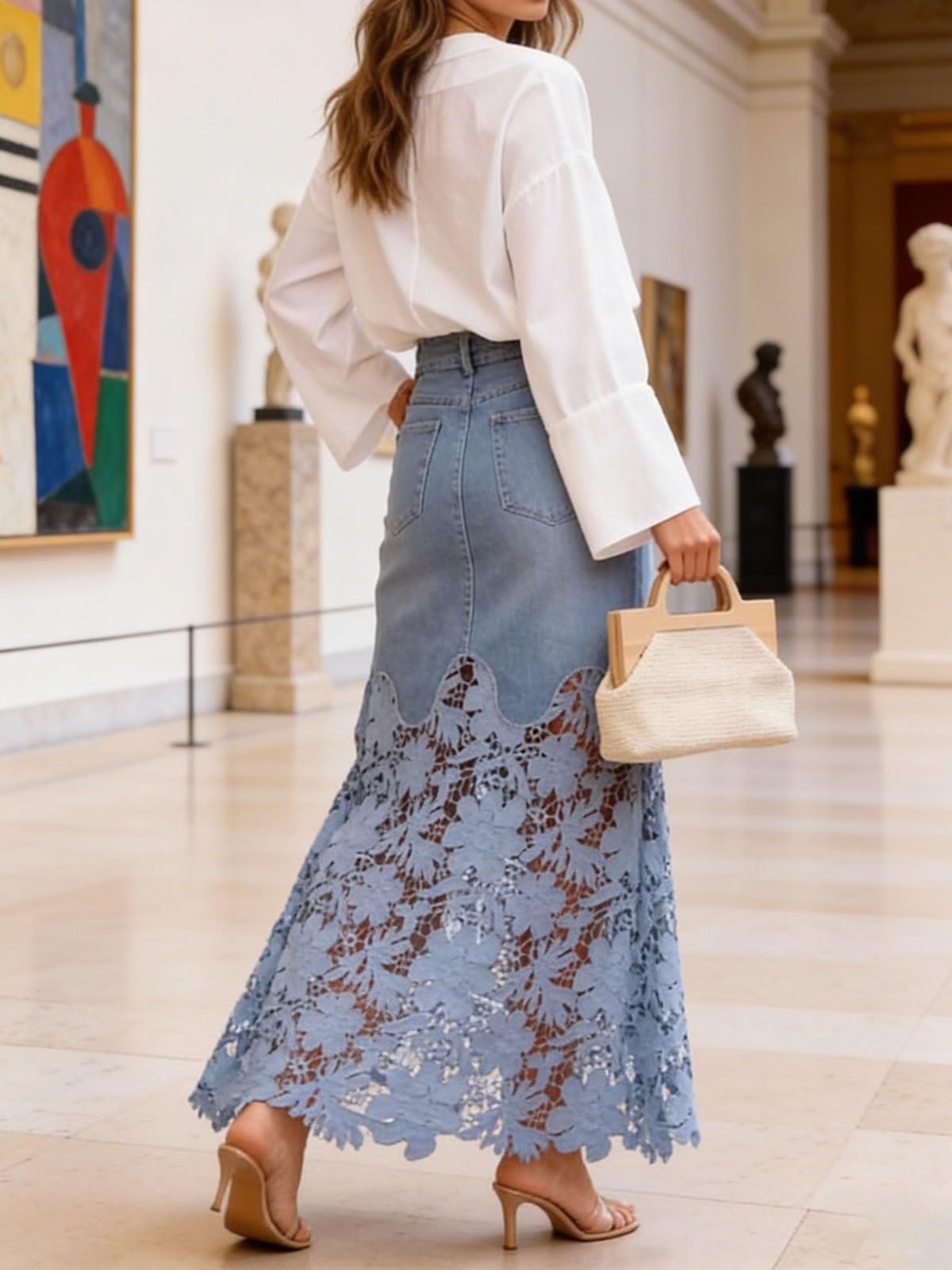 Falda Midi de Mujer a la Moda con Encaje y Patchwork, Falda Larga de Mezclilla Estampada de Cintura Alta Estilo Bohemio, Conjunto de Fiesta con Bolsillos