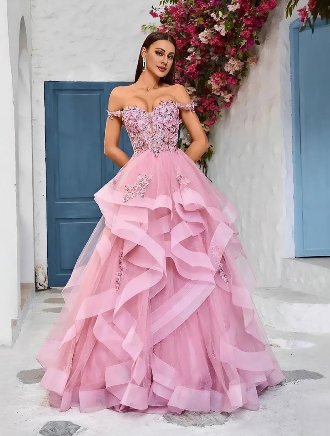 Volantes Tul Vestidos De Noche Hombros Descubiertos Vestidos De Quinceañera Vestido De Bola Largo Apliques De Encaje Vestido De Novia, azul claro, 32