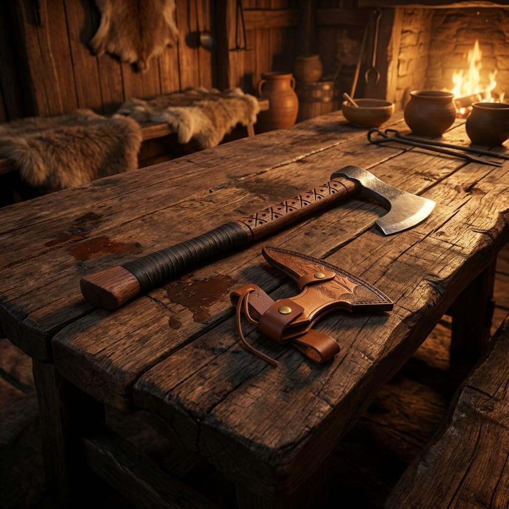 Kacha Store | Custom Handmade Viking Medieval Ax with Gift,Hand Axes,Viking Gifts for Men,Camping Tomahawk,Bearded,Valhalla Axe with Leather Sheath (Battle Axe) (Ragnar Ax)