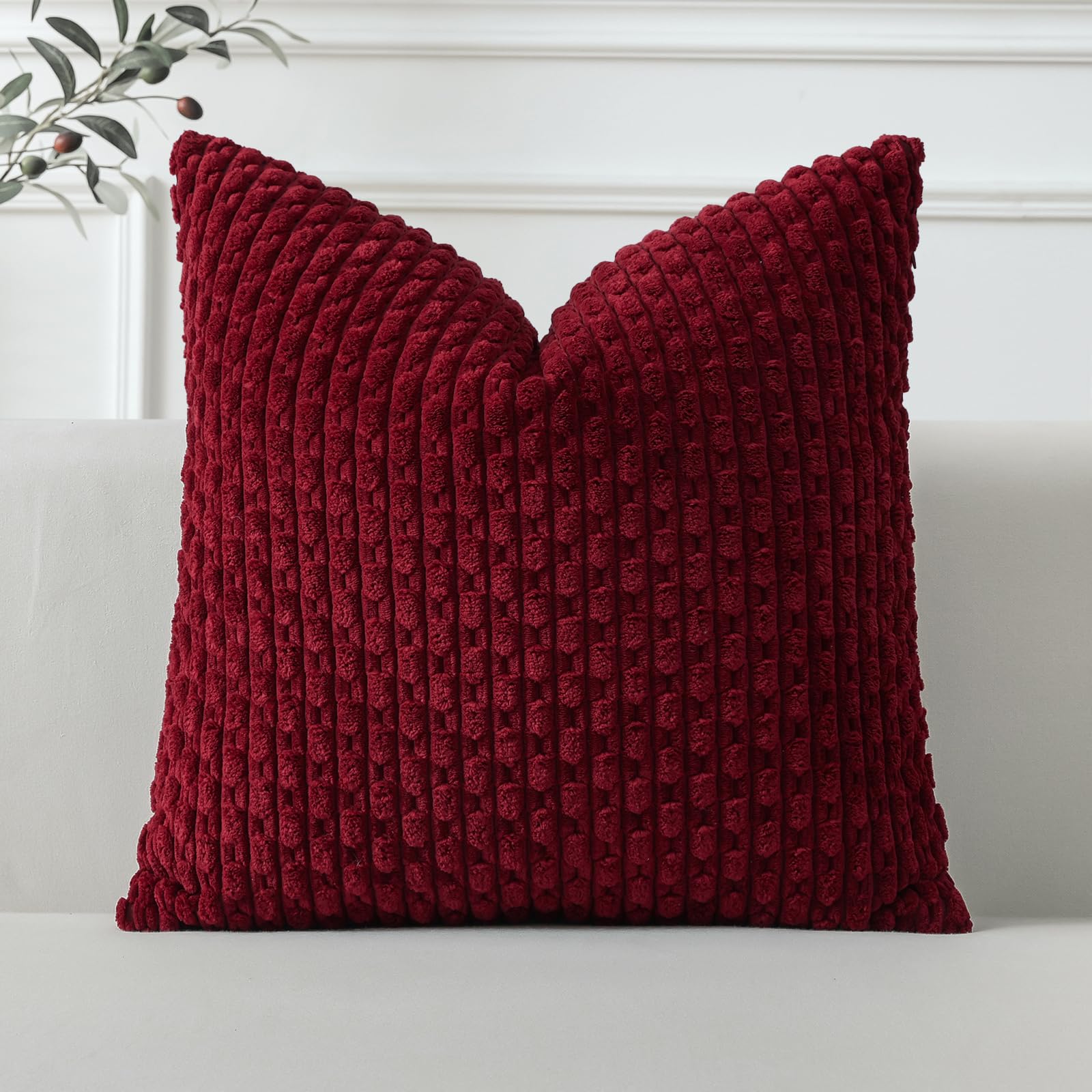 Sungeek Set of 1 Wine Red Soft Corduroy Decorative Cushion Cover Boho Striped Throw Pillow Cover for Sofa Couch Living Room Patio Farmhouse Home Decor Pillowcase 50x50cm