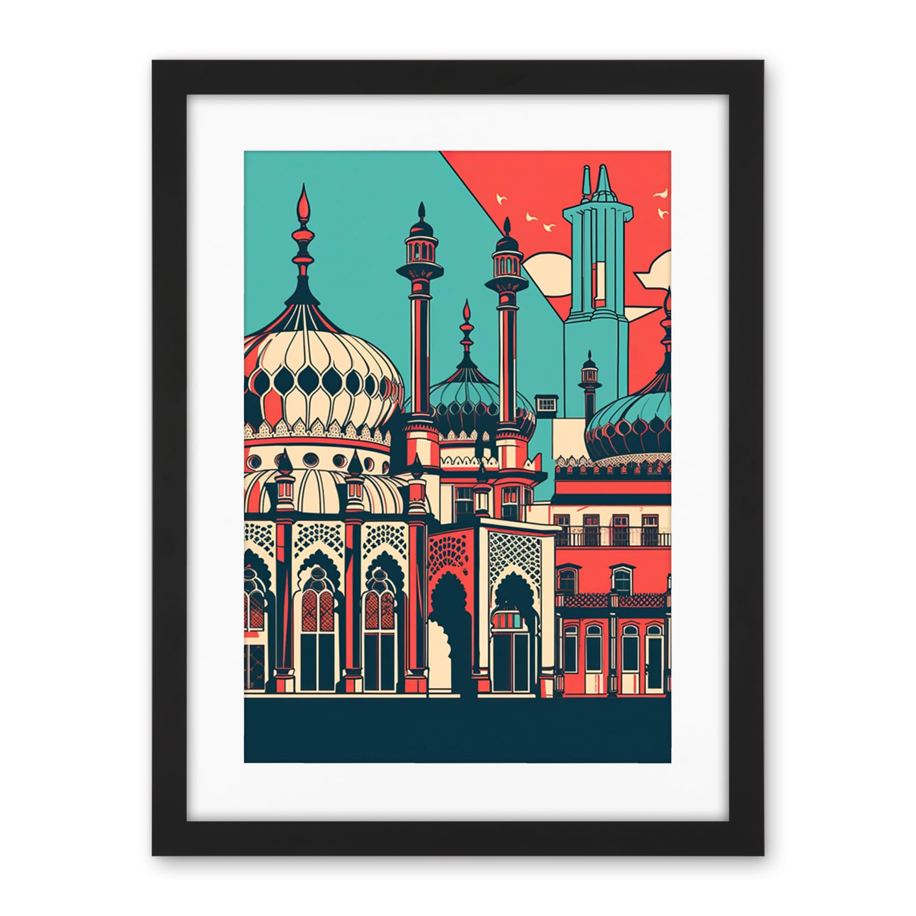 Artery8 Brighton's Royal Pavilion in Ivory Blue and Red Artwork Framed Wall Art Print 18X24 Inch
