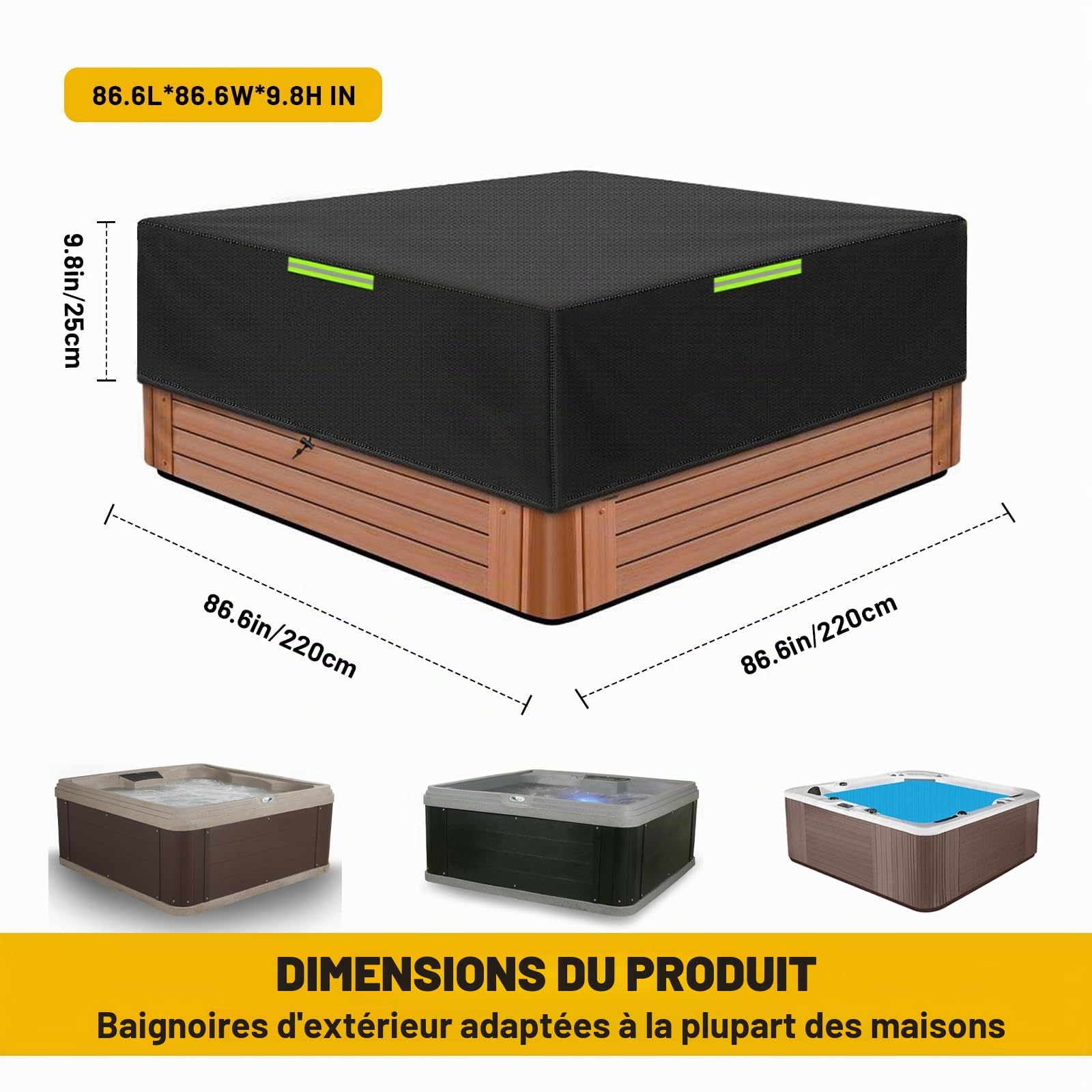 Couverture carrée pour Spa, imperméable et résistante aux intempéries, en Tissu Oxford 600D Housse de Protection pour spas, Ultra-résistante aux déchirures (220 * 220 * 25CM)