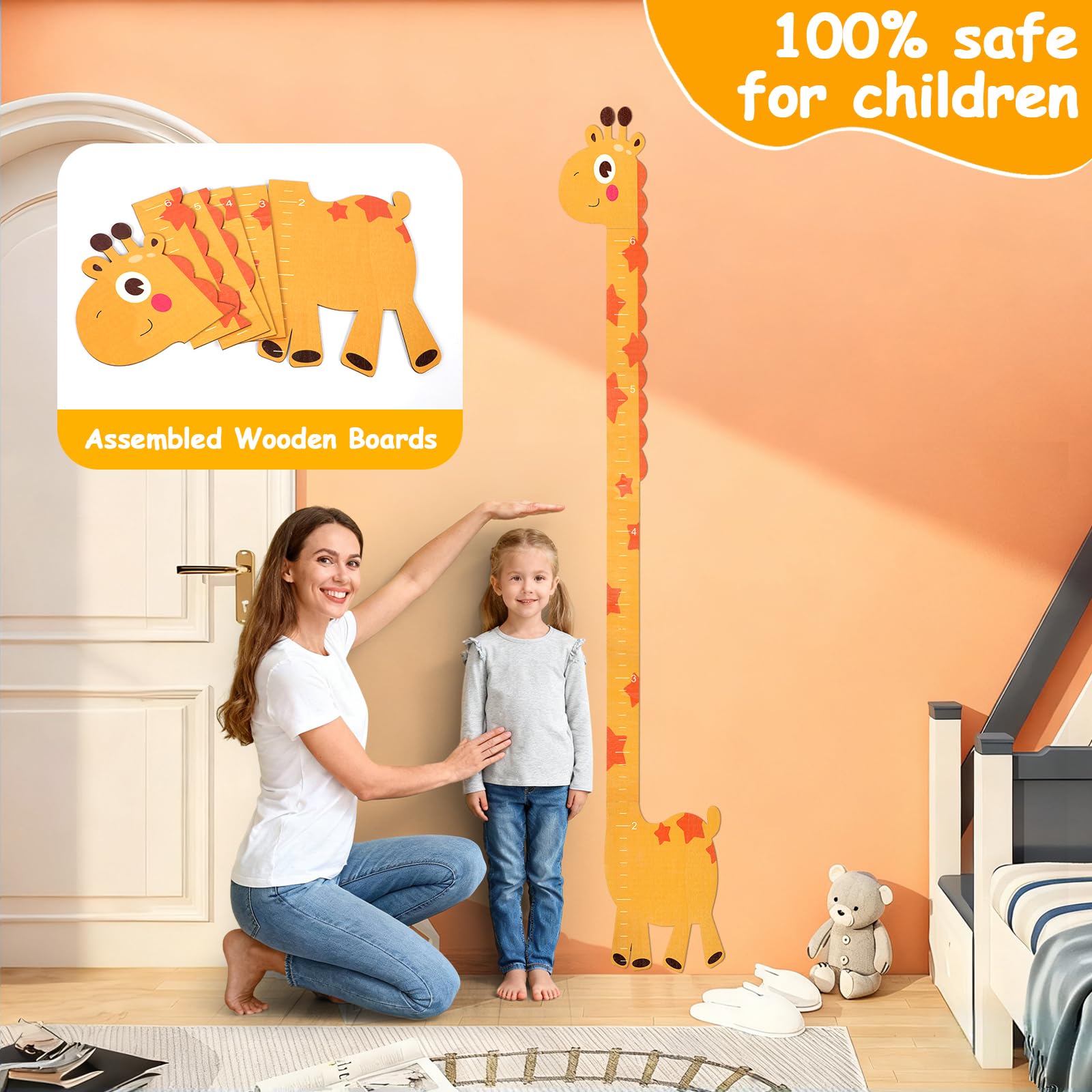 Wooden Height Chart for Kids Wall Mounted Growth Ruler Height Measurement Cute Animals Kids Height Wall Chart for Bedroom Nursery Decoration (Yellow) - Image 4