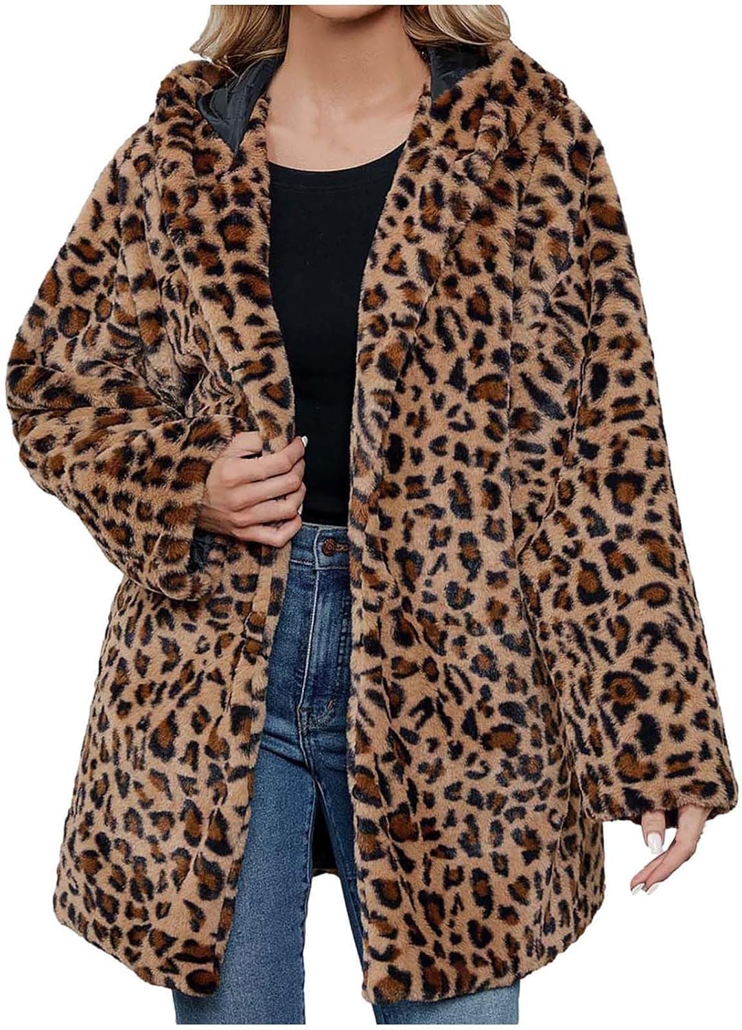 NATHGAM Women's Leopard Coat Faux Fur Long Coat Lapel Thicken Warm Jacket Coats Ladies Casual Fuzzy Autumn Winter Outerwear