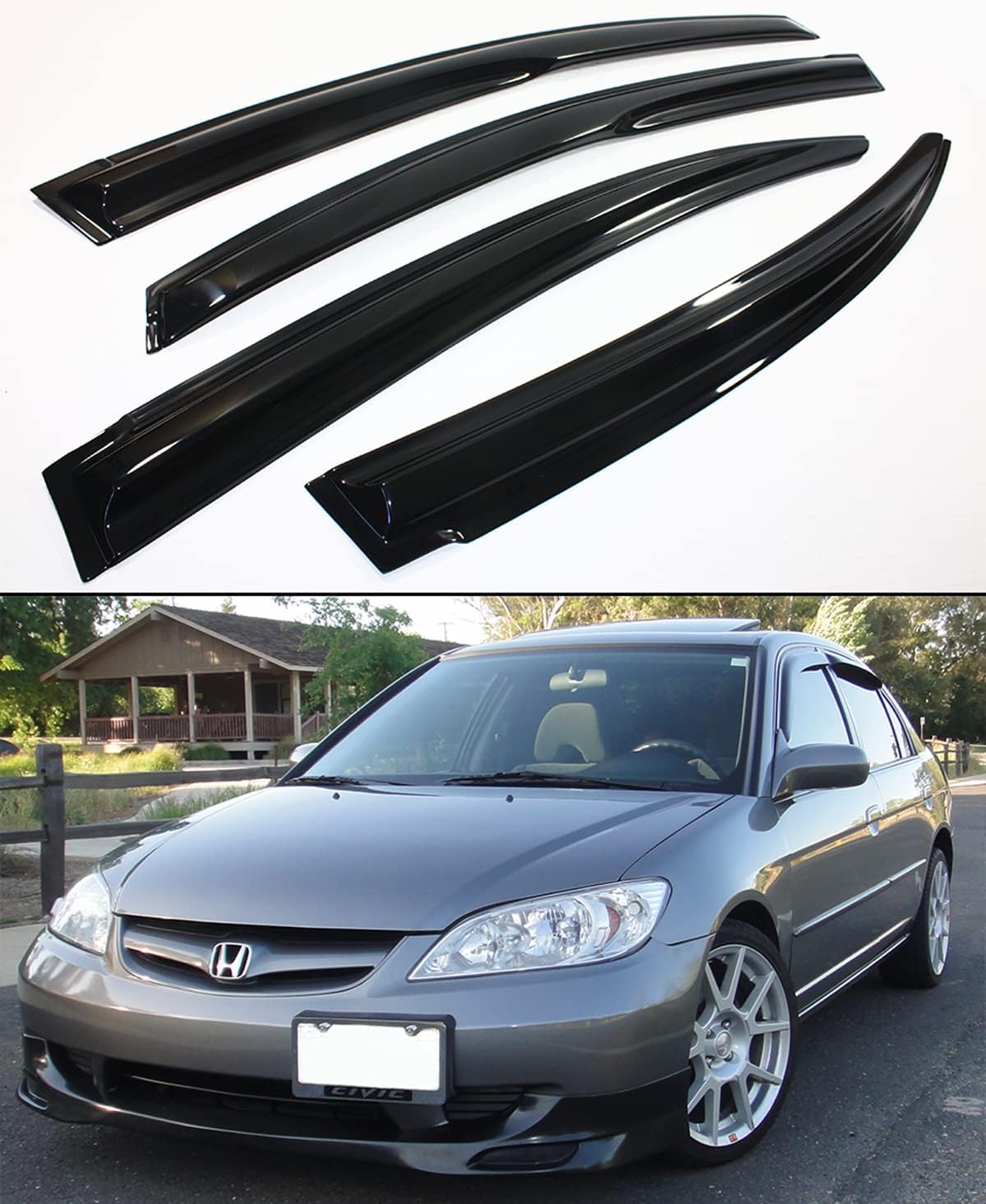 Cuztom Tuning JDM Smoke Window Visor Rain/Sun Shade Compatible with 2001-2005 ES1 ES2 Honda Civic 4 Door Sedan