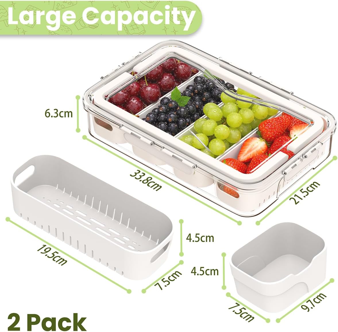 2 Pack Box Charcuterie Container with Dividers 12 Compartments,Snackle Boxes Food Storage, Bento Box Adult, Large Portable Divided Snackle Organizer with Lid & Handle, Stackable Food Containers(White)