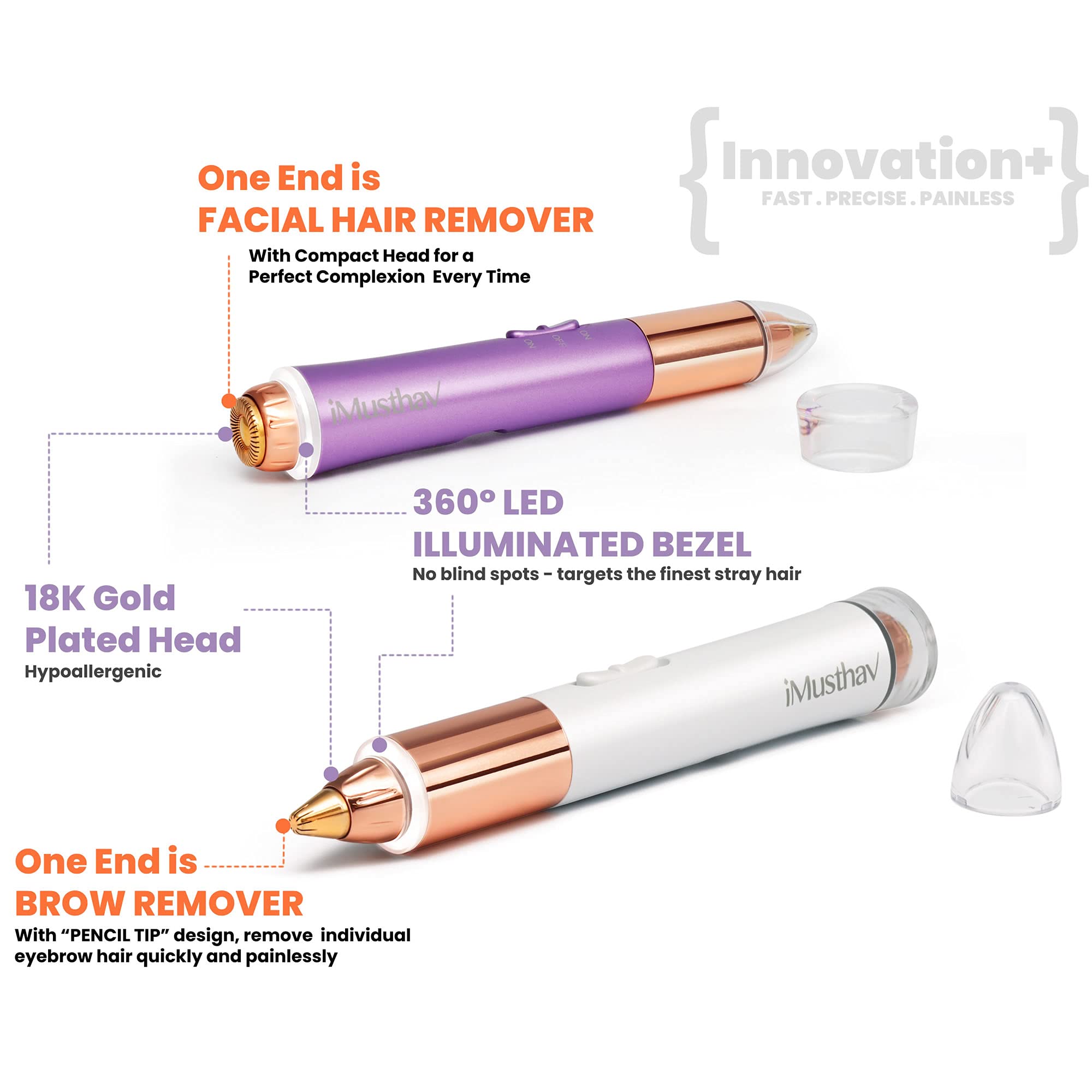 iMusthav Dual Function Brow & Facial Hair Remover USB Rechargeable. Precision â€œPencil-tipâ€? 18K Gold Plated Heads 360-degree LED Light. All Your Facial Hair Removal Needs in one Unit (Crystal White)