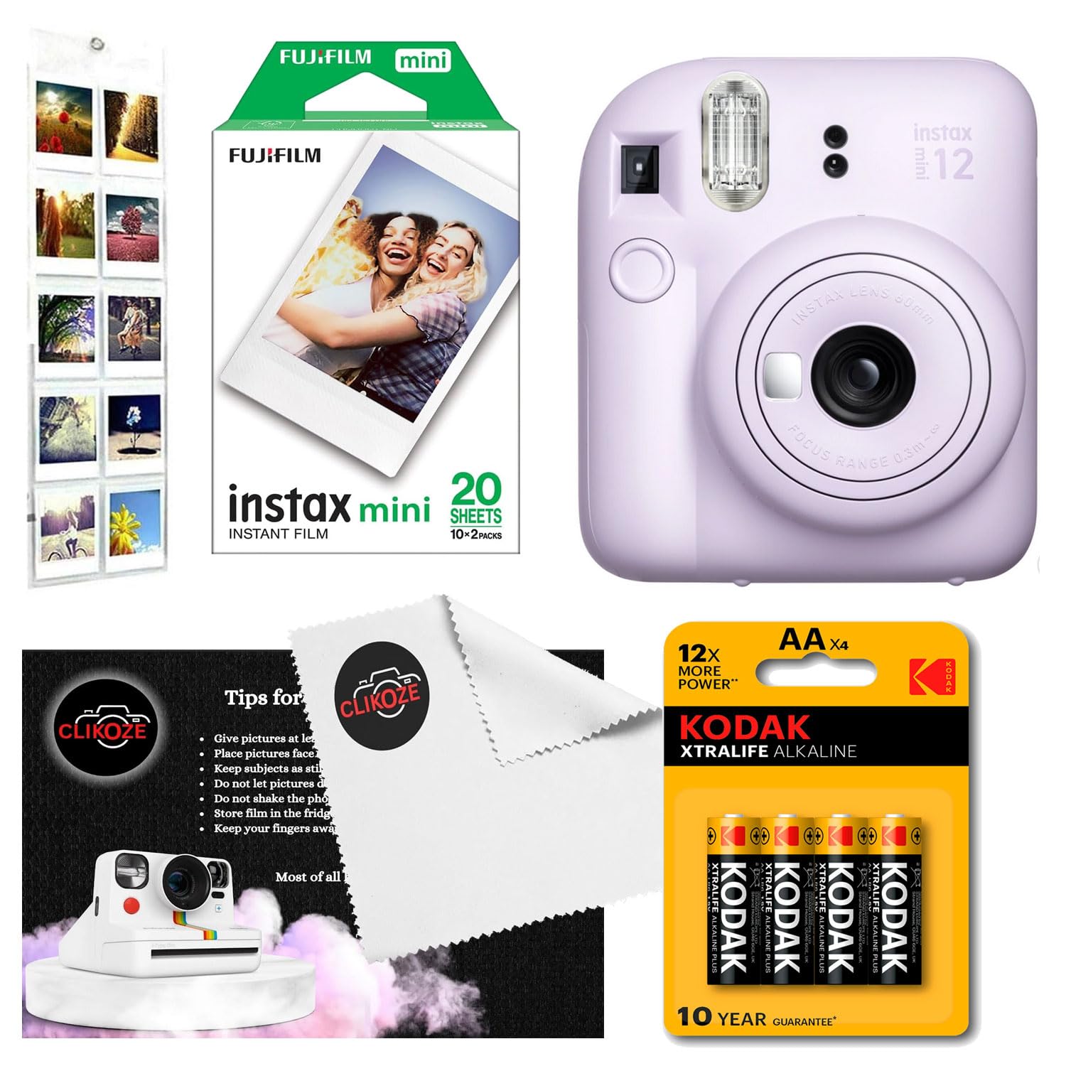 Instant Camera Bundle with Fujifilm Mini 12 Lilac Purple Camera, Fujifilm 20 Shot Mini Film, 4 x AA Batteries, Wall Album, Clikoze Lens Cloth and Instant Photography Tips Card