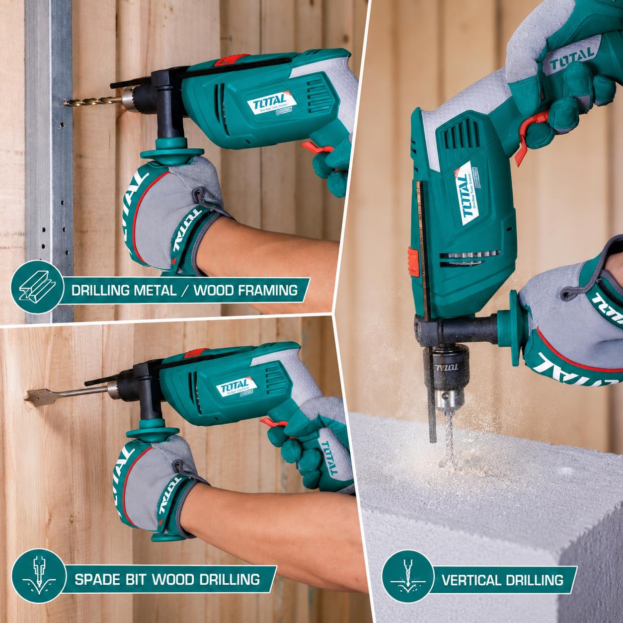 TOTAL 850W Impact Drill, 13mm Chuck, 2700 RPM, Hammer & Drill Modes product image 7