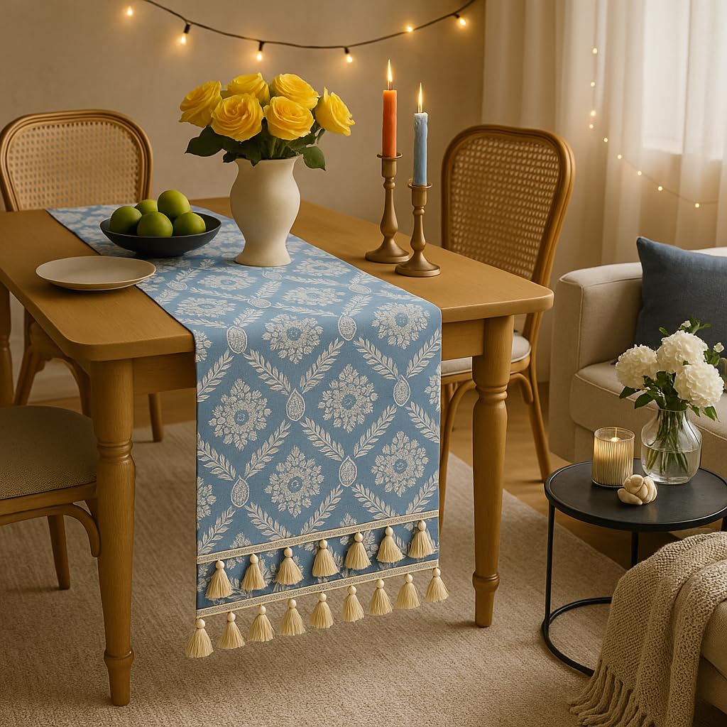 WWW.THROWPILLOW.IN Powder Blue Floral Boho Table Runner with Tassels & Kowri 13x72 Inches | Fits 5 Feet TV Unit Cabinet, Center Table, Coffee Table, Dining Table, Entry Console| Diwali Festive Decor 1
