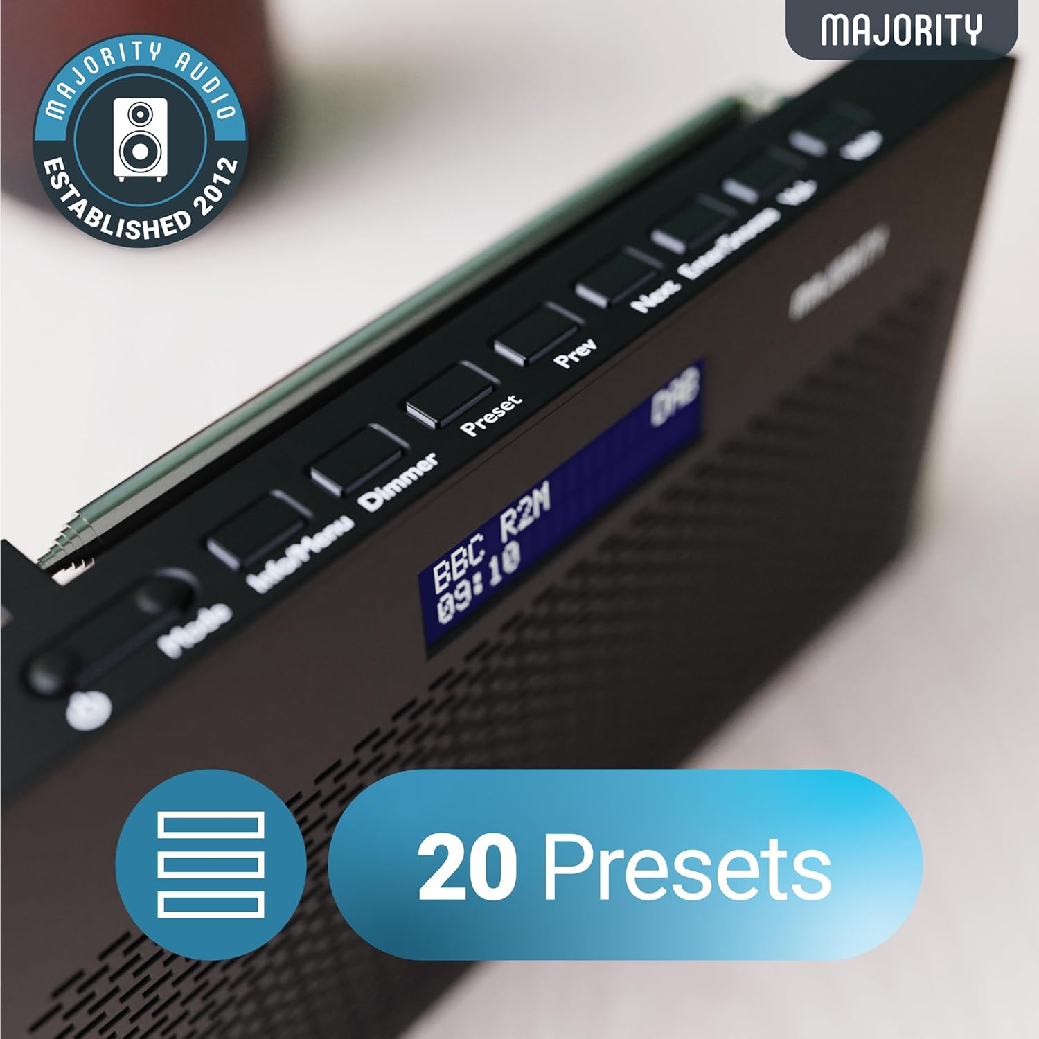 Close-up of the top panel of the Majority Histon radio, showing buttons for Mode, Info/Menu, Dimmer, Preset, Prev, Next, Enter/Snooze, Vol-, and Vol+.