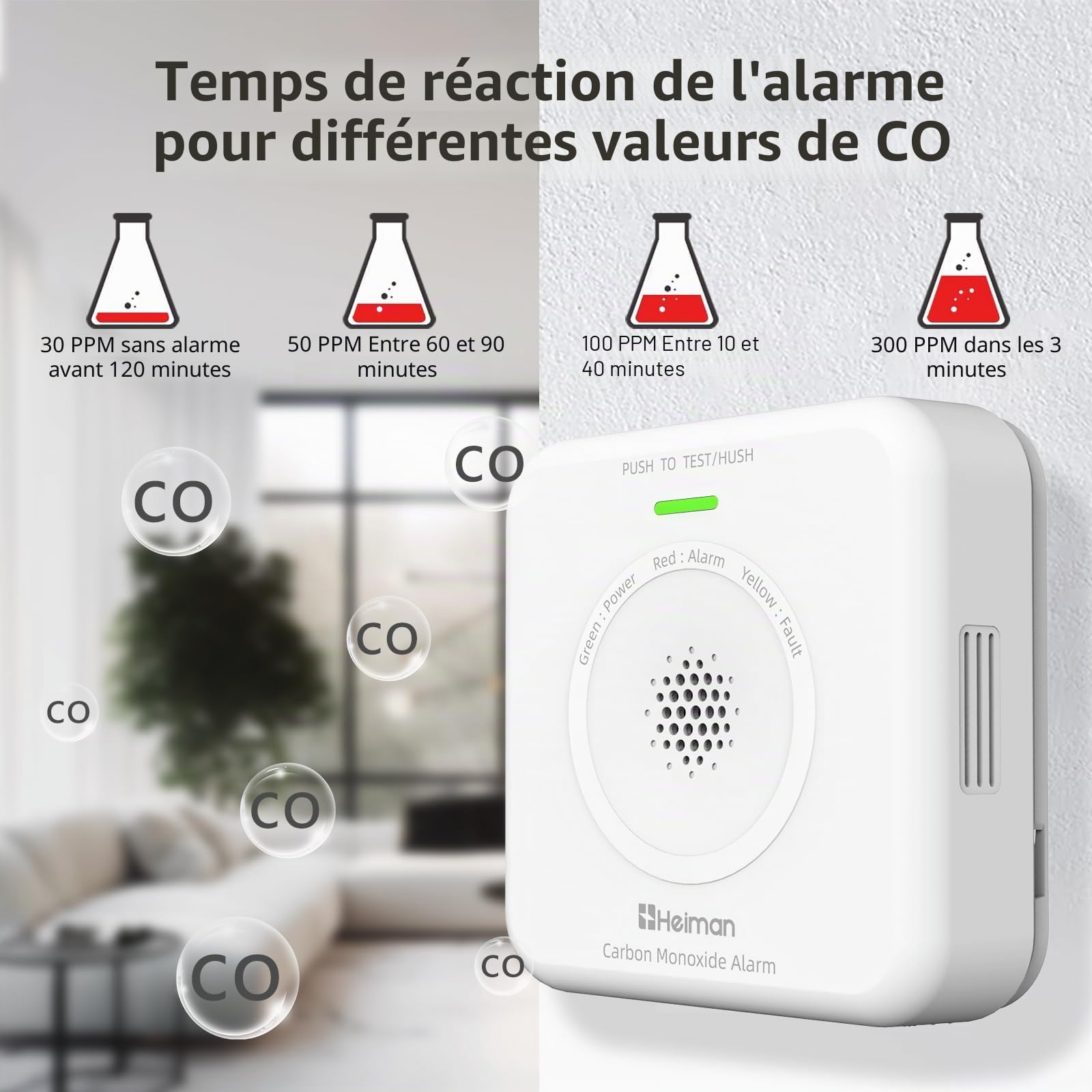 HEIMAN Interconnecté Détecteur de monoxyde de Carbone sans Fil - Alarme CO - 10 Ans - Piles remplaçables - 85 DB - pour la Maison - Portable - Fonctionne avec Piles (1)