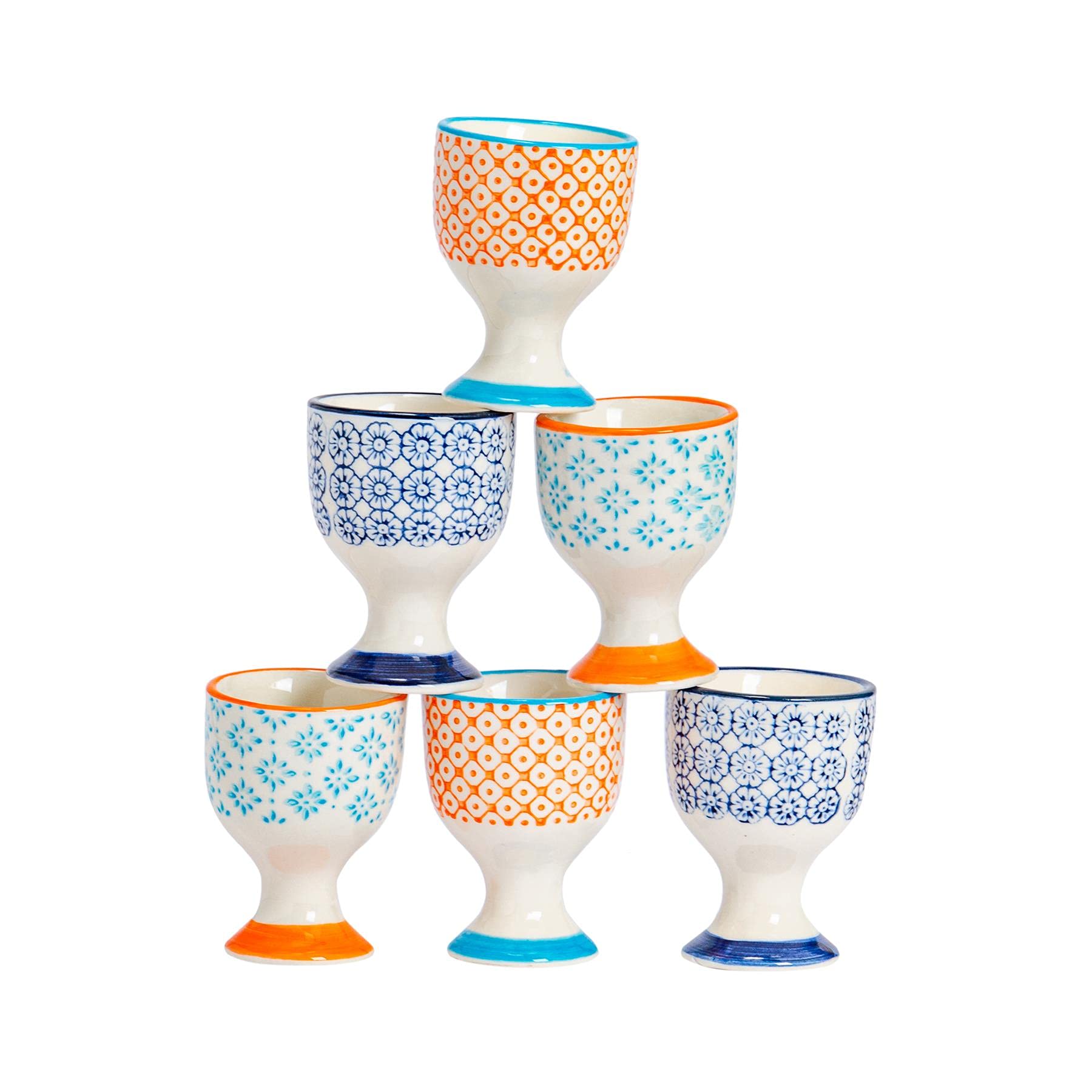 Nicola Spring Navy, Orange & Blue Argon Tableware Hand Printed Egg Cups - Pack Of 6 - Multicolour Assorted Set Porcelain Breakfast Brunch Easy Clean Hard Soft Boiled Eggs Dipping Holder Stand For Breakfast, Brunch