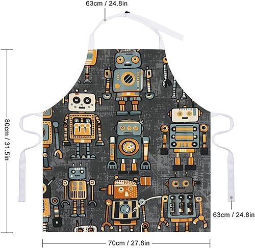 Miniatura 2 de MUSM Apron for Adults - 27.6 X 31.5 Inch, Heavy-Duty Polyester Aprons with Two Large Pockets, Waterproof Retro Style Robot Kitchen Apron for