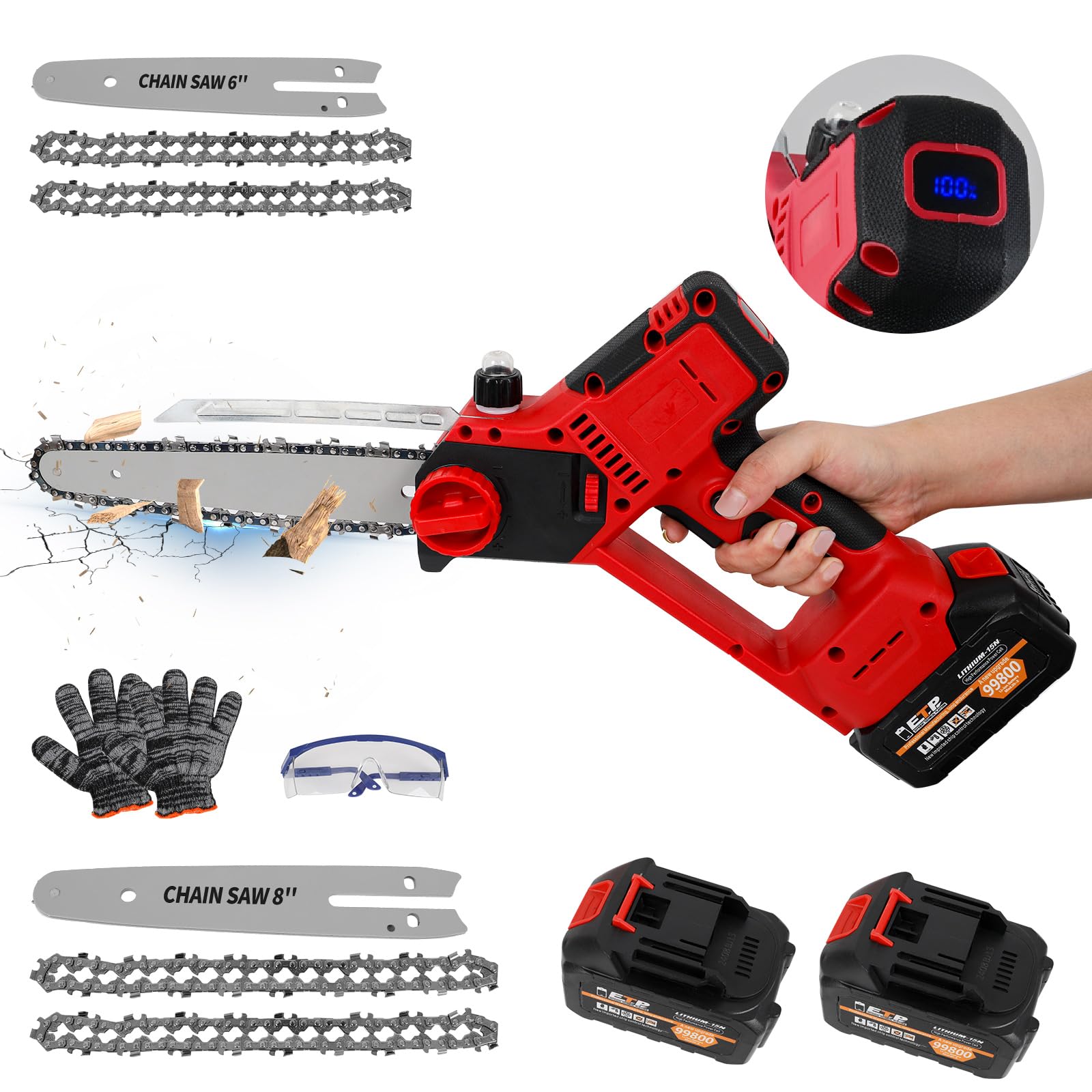 Mini motosierra de 8 y 6 pulgadas, motosierra eléctrica mejorada sin escobillas con engrasador automático, motosierras eléctricas portátiles inalámbricas de mano para cortar árboles de madera, con 2