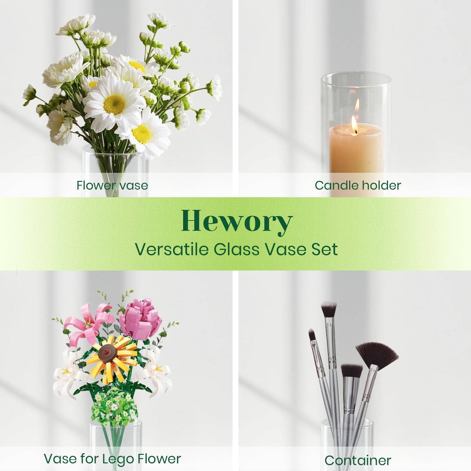 Hewory Zylinder Vase Glas 12 Stück Blumenvase, 20cm Modern Vasen Set Glasvase Deko Vasen, Tulpenvase Windlicht Glas Kerzenhalter Für Stumpenkerzen Schwimmkerzen Für Hochzeitsdeko Deko Wohnzimmer