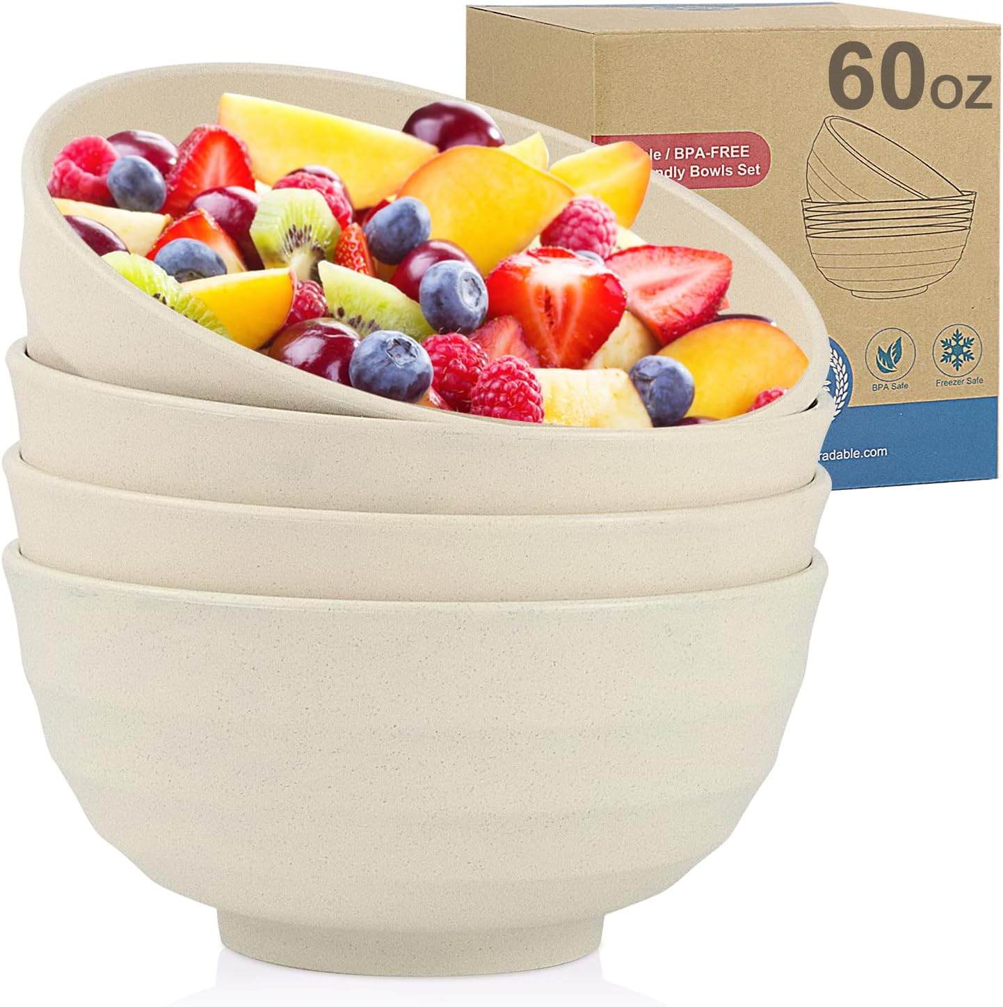 WrovaWheat Straw Bowl Sets,4 PCS Unbreakable Cereal Bowl 60 OZ，Microwave and Dishwasher Safe Bowls,Super Big Bowl Sets BPA Free Eco Friendly Bowl Color Bowls for Serving Soup,Oatmeal and Salad Etc…