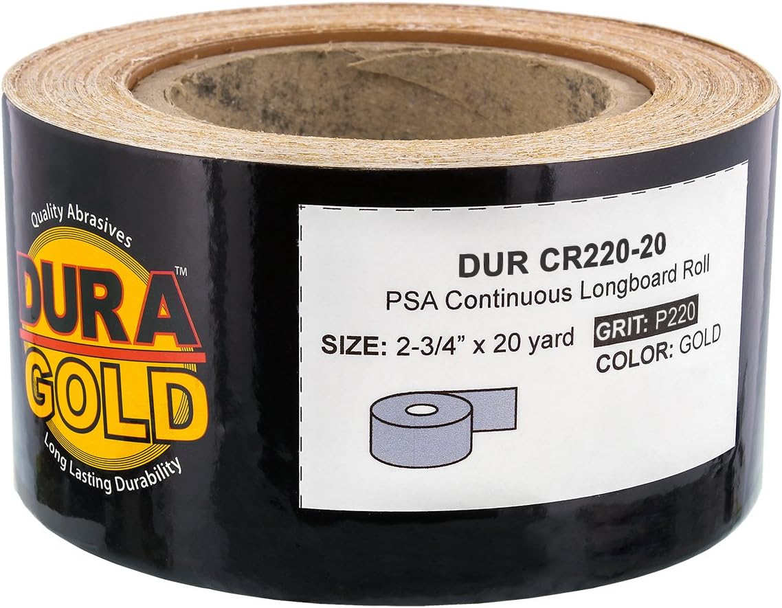 Dura-Gold Premium Gold 220 Grit PSA Longboard Sandpaper, 20 Yard Roll, 2-3/4" Wide, Self Adhesive Stickyback, Woodworking & Automotive Sandpaper Roll, Air File Sand Paper, Auto Sanding Blocks - Image 2