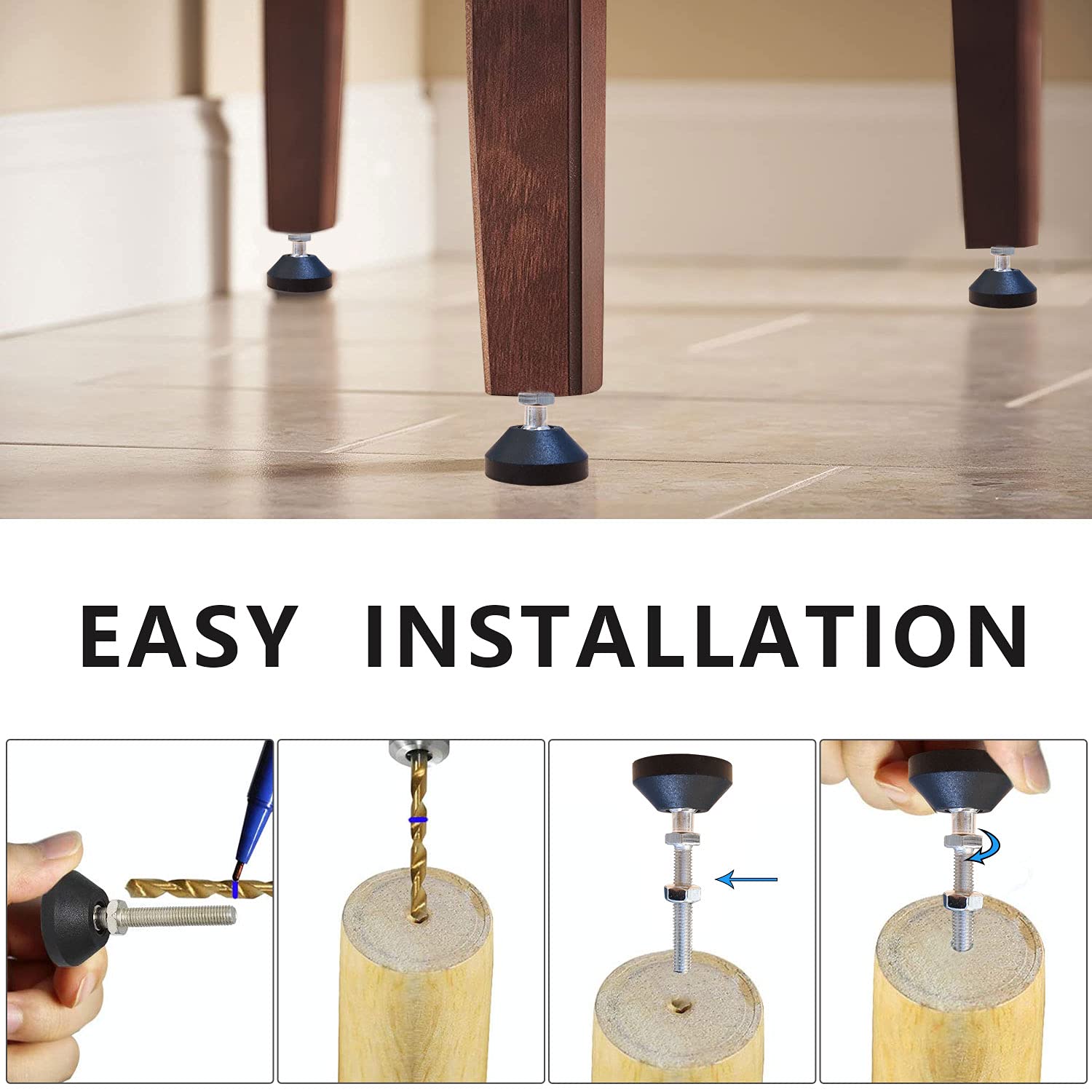 Piedini Regolabili Per Mobili M8 - Confezione 8 Pezzi - Nero - Foto 5