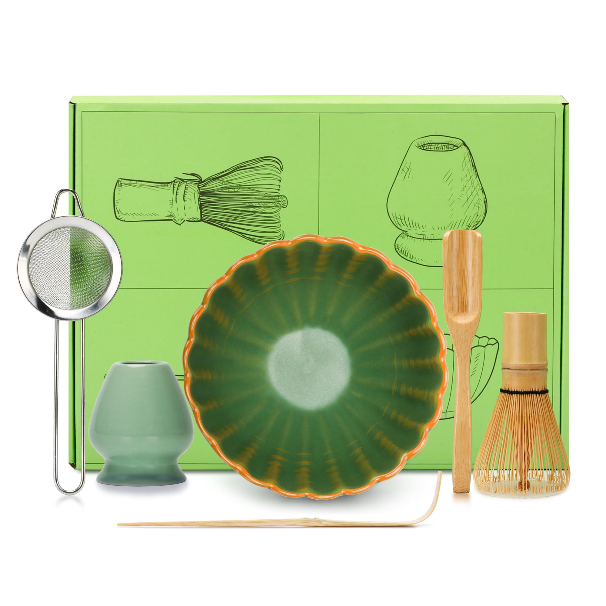 Matcha Tea Set 6 Pcs, Japanese Traditional Bowl, Bamboo Whisk (Chasen), Scoop (Chashaku), Stainless Steel Sifter, Holder (green)