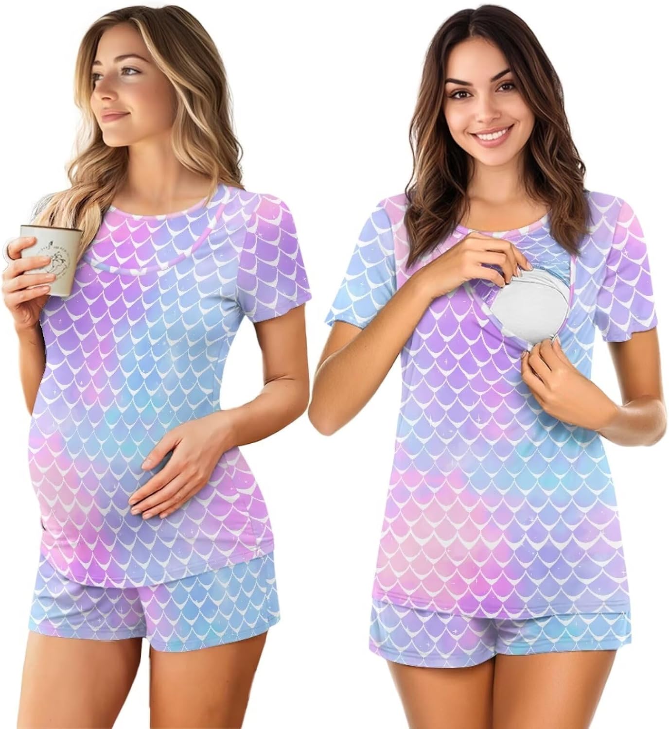 Women's Short Sleeve Nursing Pajama Set, Double Layer Breastfeeding Pj Set for Home S-2XL