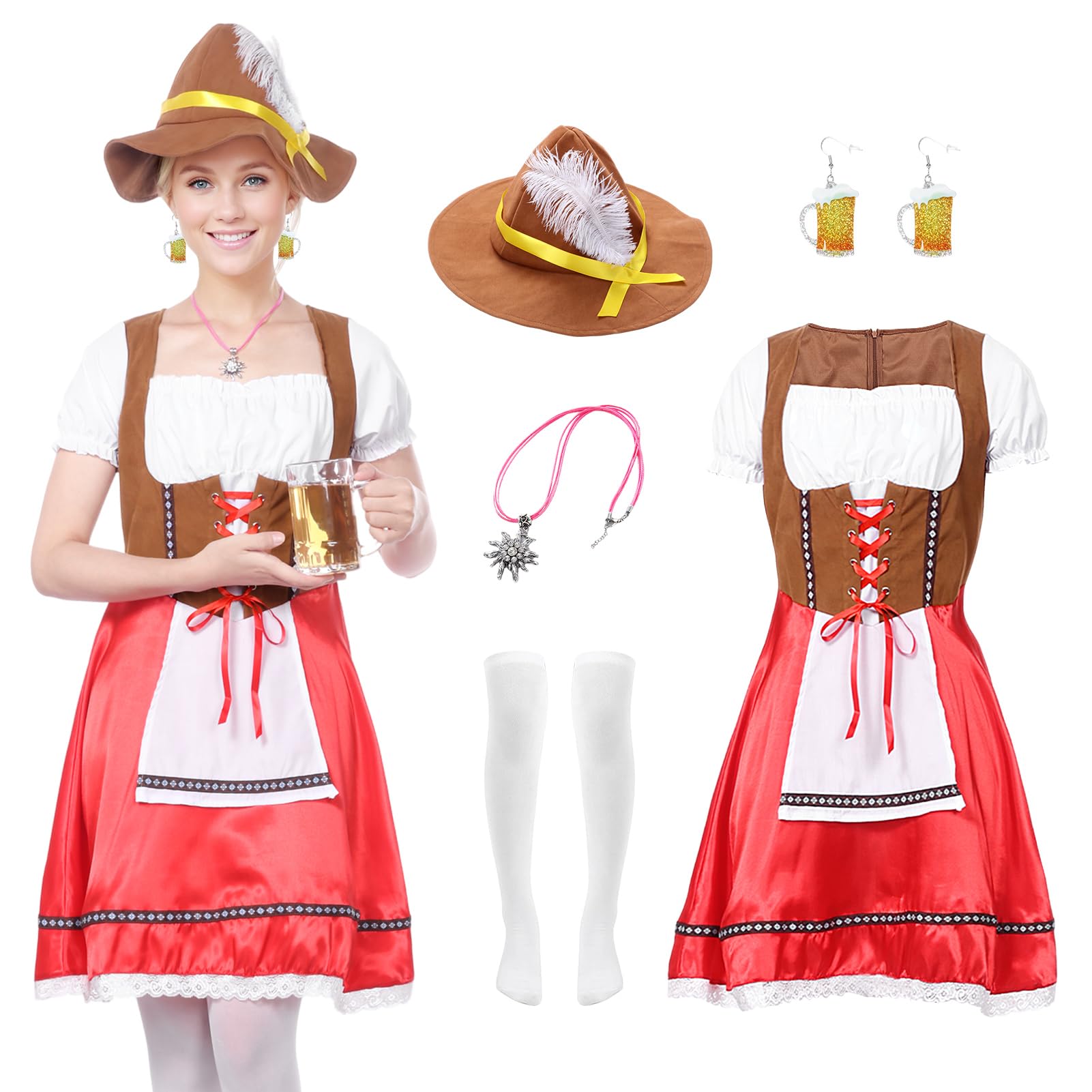 Blisscok Oktoberfest Outfit for Women - 5 Piece Adult Bavarian Costume Set With Accessories, Beer Maid Outfit for German October Festival (S)