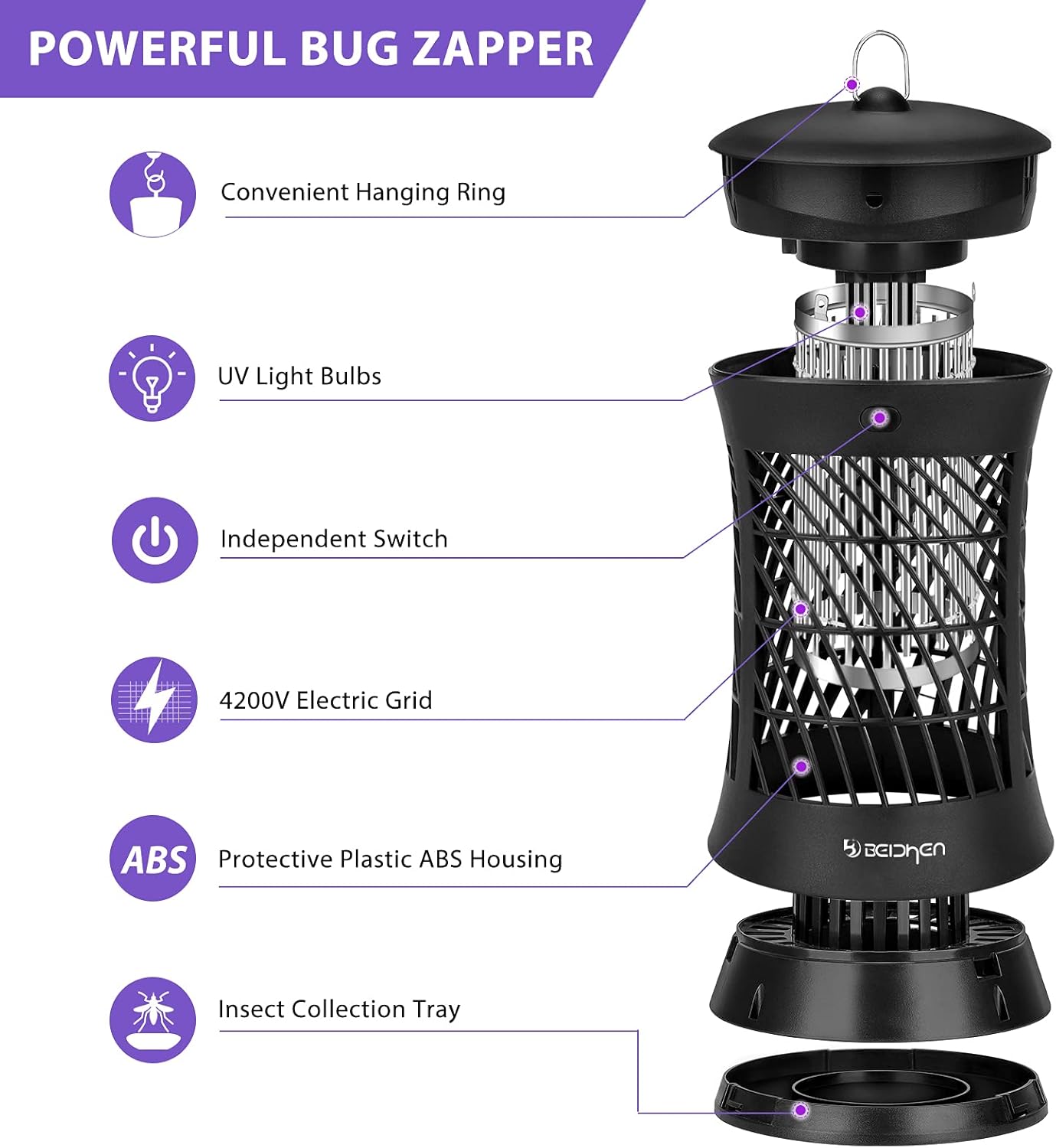 BEICHEN Bug Zapper 4200V Electric Mosquito Zapper Waterproof Outdoor Indoor Mosquito Killer for Home Patio Backyard [Covers 1500 Sq.ft, 7.5ft Cord] : Patio, Lawn & Garden