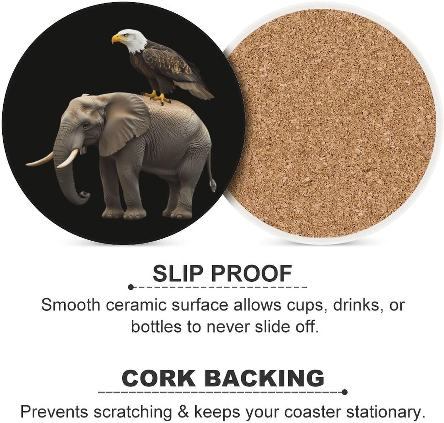 Eagle1 on Elephant Round Ceramic Coasters for Drinks Absorbent Cup Holder Tabletop Protector with Cork Base