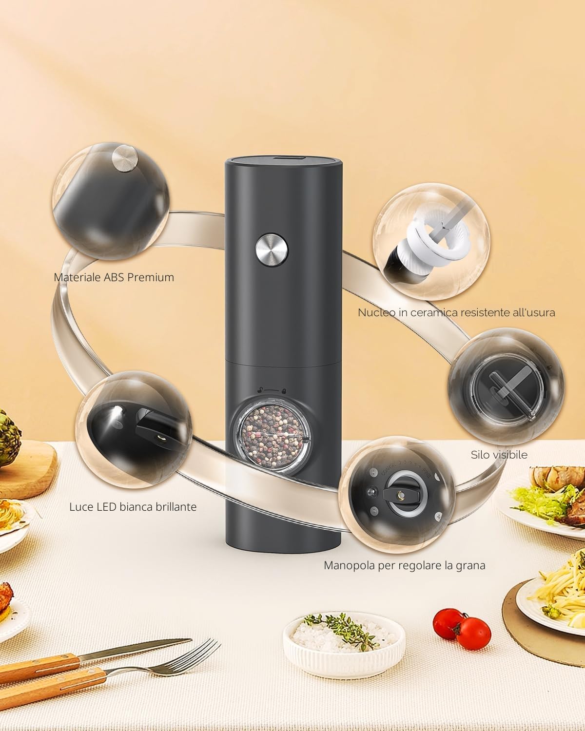 CIRCLE JOY Set Macina Sale e Pepe Elettrico a Batteria Macinaspezie con Base, Luce LED Bianca e Rugosità Regolabile, Bianco Nero