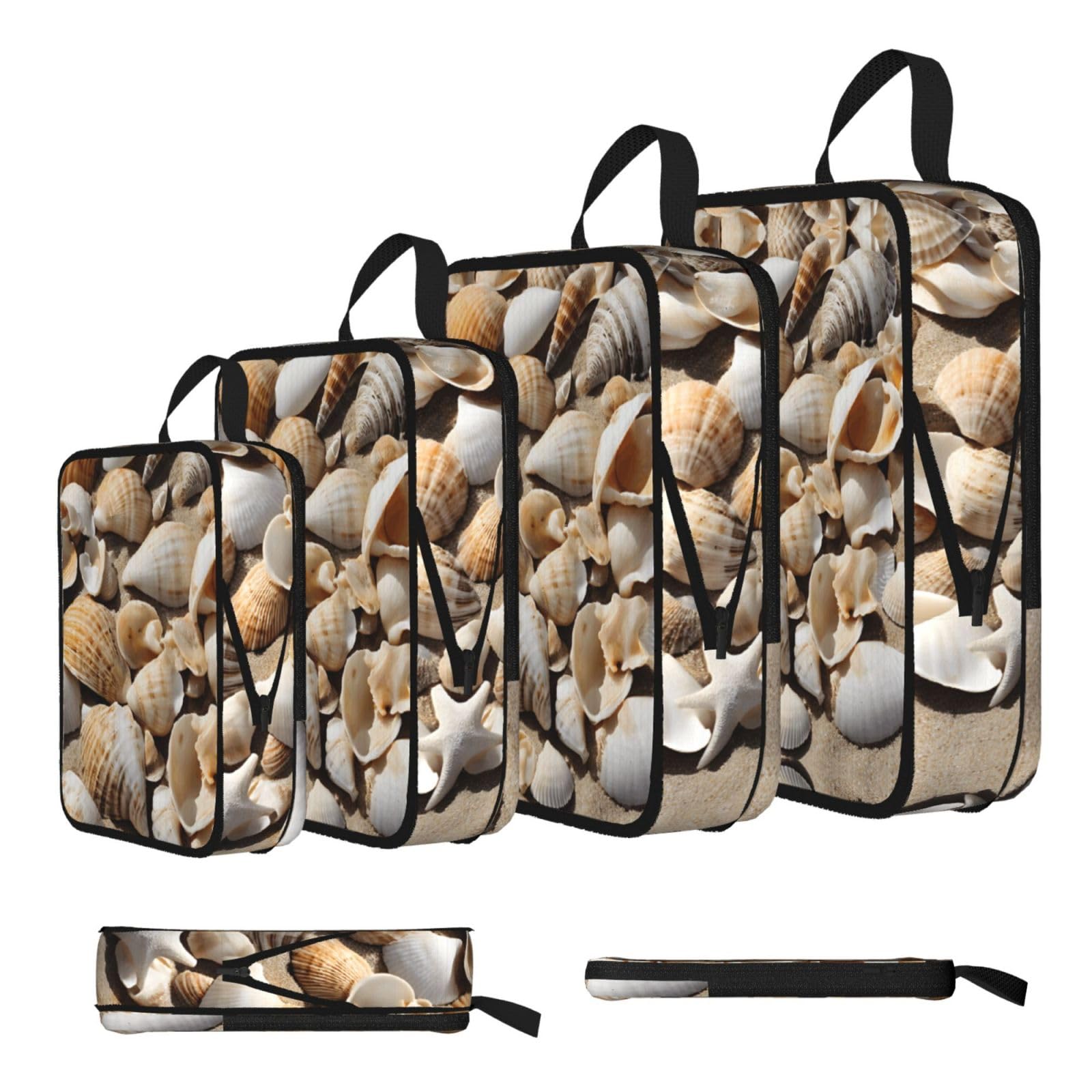 Ezdlowvba Black Sandy Beach Theme Print Compression Packing Cubes 4-Piece Set With Multi- Compartment Travel Bag, Waterproof Suitcase Organiser Bags