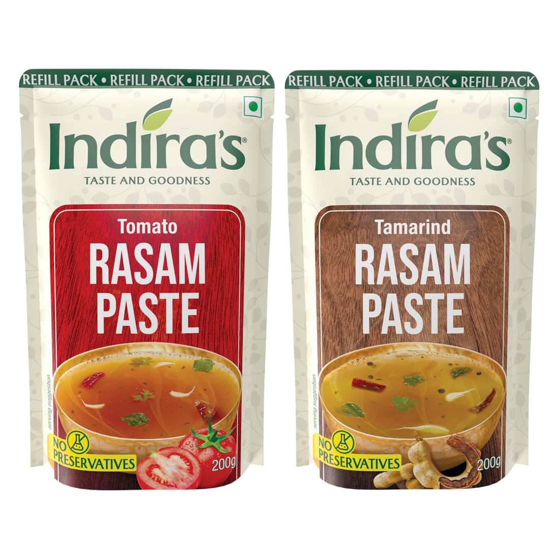 Indira's Instant Rasam Paste Combo Pack of 2 - More Flavourful than Rasam Powder, Just Add Hot Water - 2 Tasty Flavours - Tomato Rasam (200g) & Tamarind Rasam (200g)
