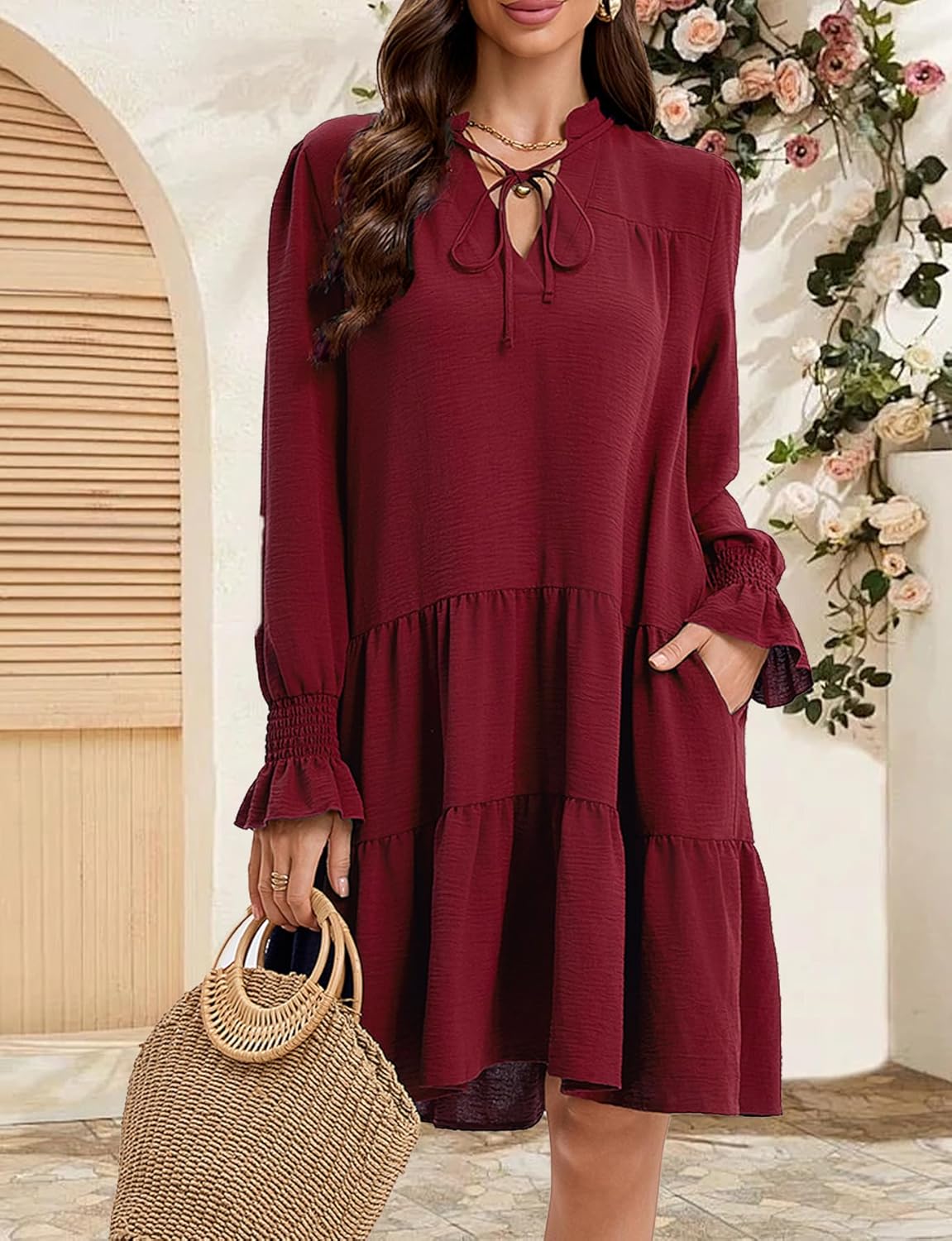 Womens Fall Long Sleeve Tunic Dress Casual V Neck Loose Ruffle Tiered Dress Wine Red Large - Image 6