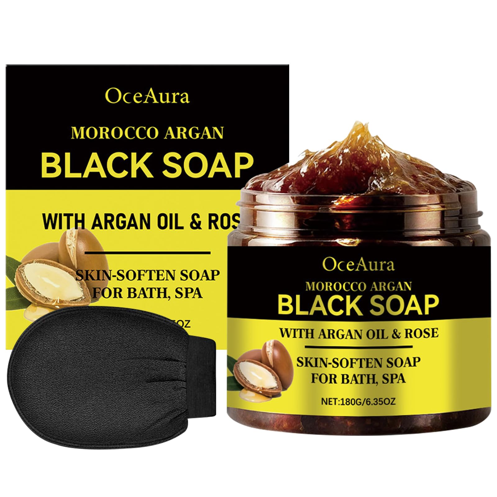 Marokko Exfoliate Schwarze Seife mit Peeling-Handschuhe,Schwarze Seife mit Argan und Rose,Marokko Körperpeeling,Bio Morocco Black Soap,Feuchtigkeitsspendende seife Schwarz für Weiche Haut